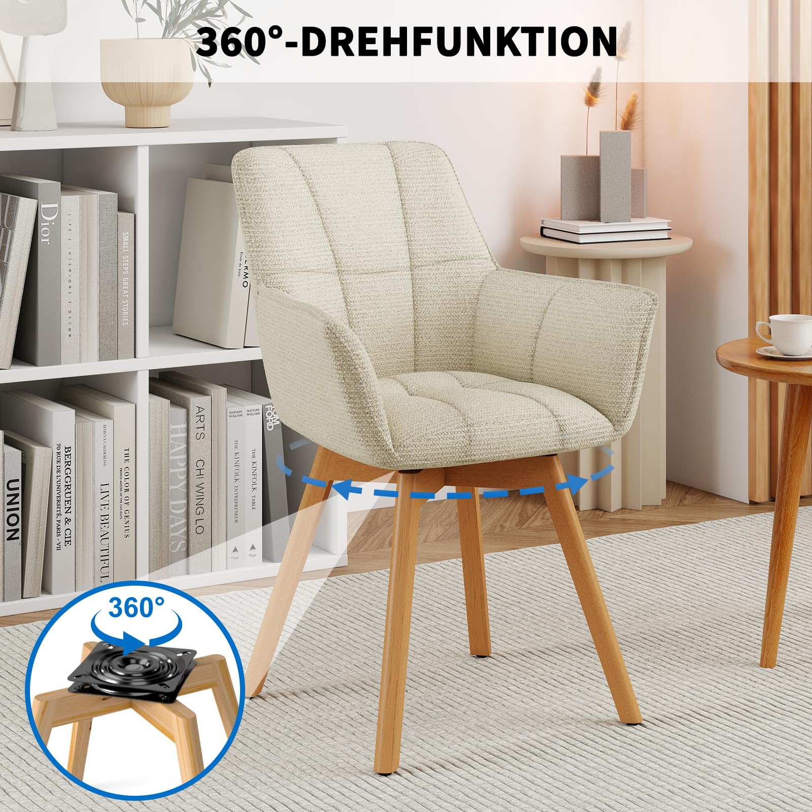 WAFTING 4er Set Drehbare Esszimmerstühle, 360° Drehstuhl mit Armlehnen Holzbeinen, Samtstoff Polsterstuhl für Esszimmer, Wohnzimmer, Küche, Schlafzimmer, Beige