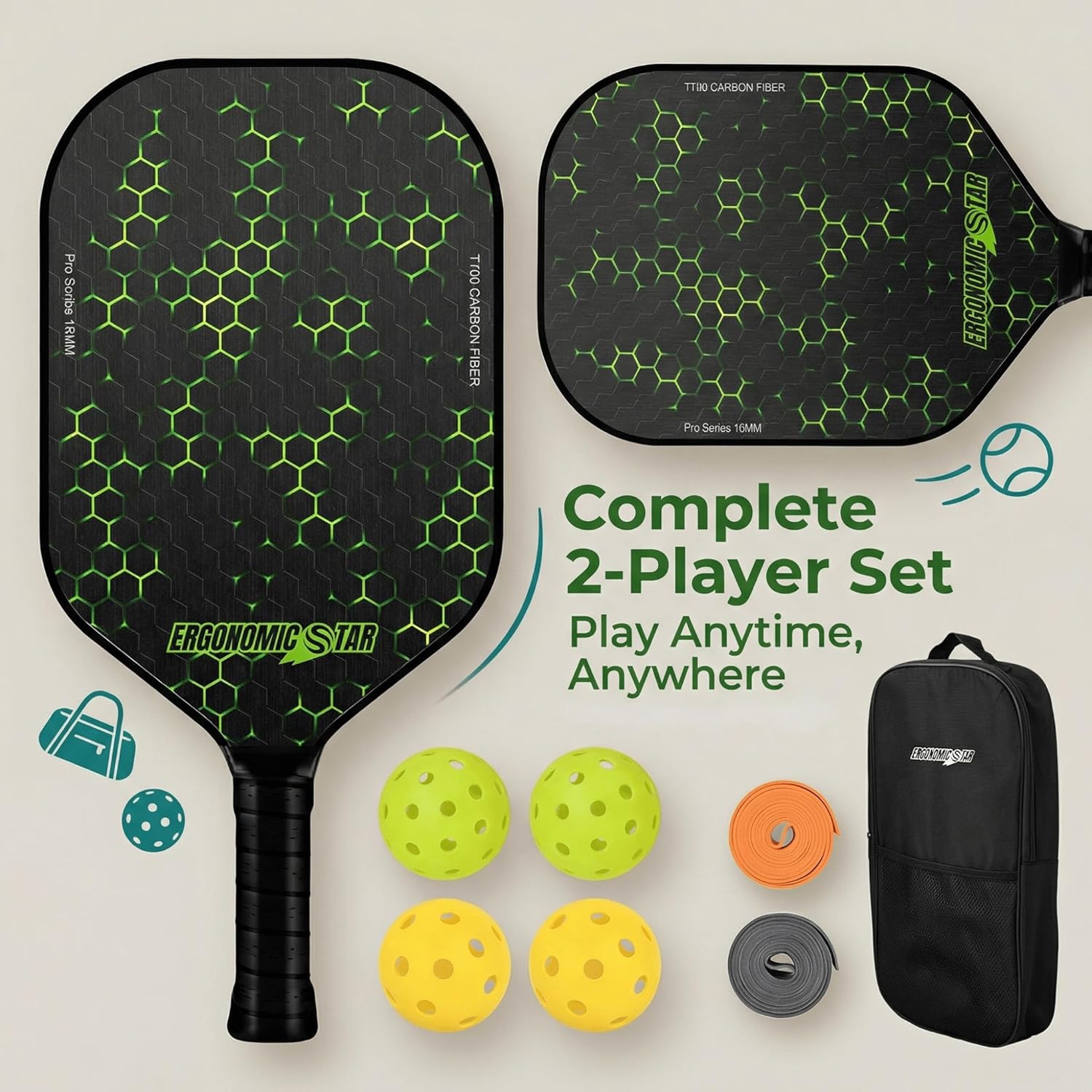 Pickleball Paddle Set of 2, T700 Carbon Fiber Paddle, 16mm Honeycomb Core, Lightweight 7.8oz, Wide Body Control Paddle, Green Pattern Design, with Balls & Carry Bag