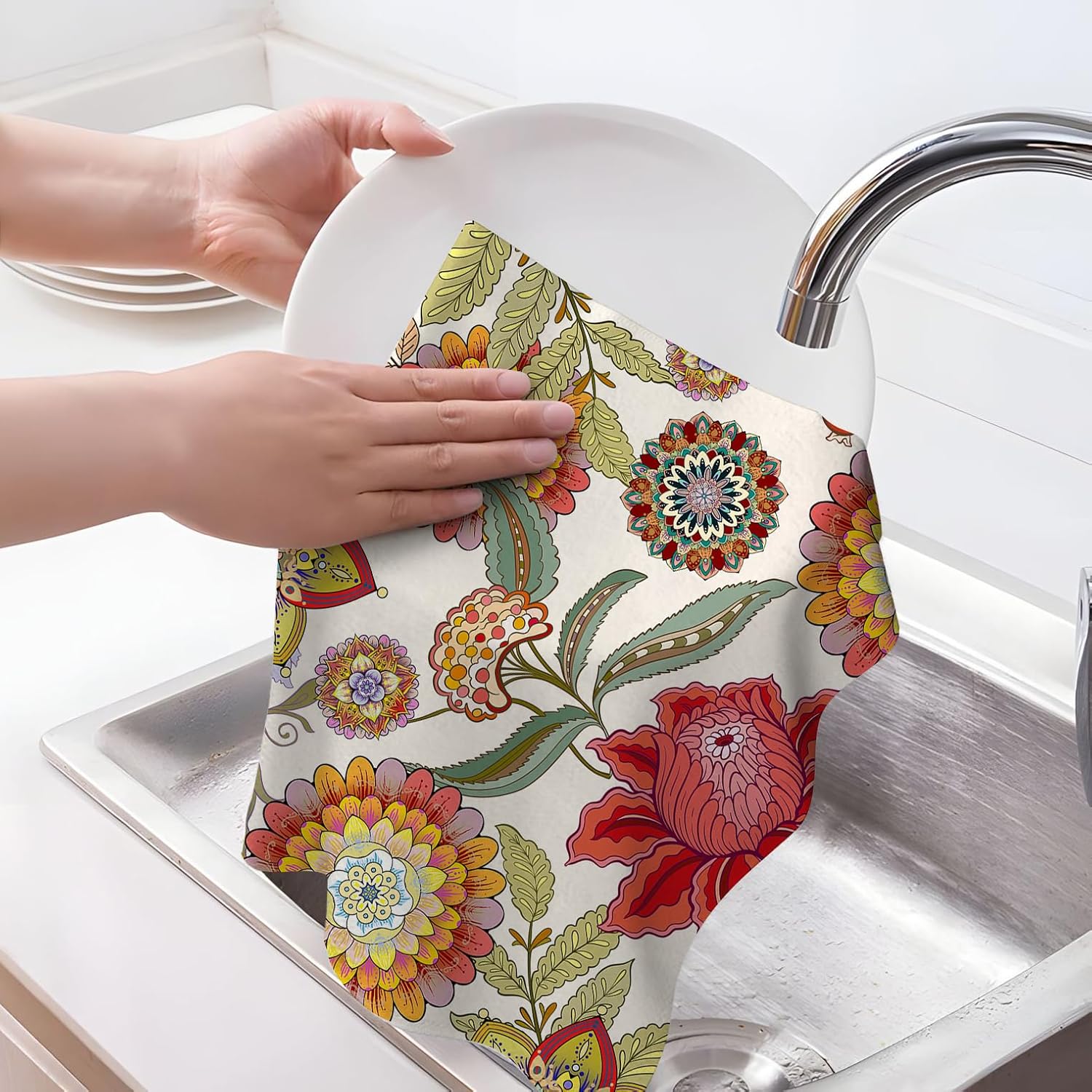 Boho Floral Kitchen Towel Decorative Set of 2 Soft Absorbent Colorful Flower Hand Tea Dish Towels for Kitchen Drying Bar Farmhouse Bathroom Home Decorations Housewarming Gifts 16"x24" - Image 3