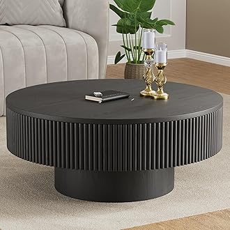 YOUDENOVA 35” Round Fluted Coffee Table, Modern Wood Circle Coffee Table, Veneer Handcrafted Relief Tea Table with Sturdy Pedestal for Living Room - Black
