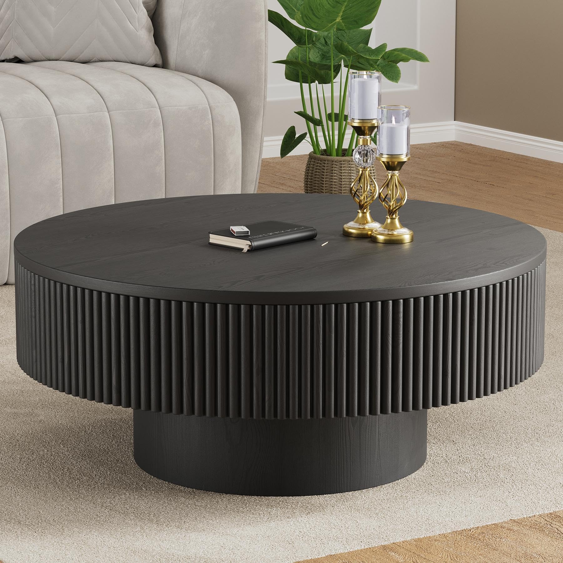 YOUDENOVA 35” Round Fluted Coffee Table, Modern Wood Circle Coffee Table, Veneer Handcrafted Relief Tea Table with Sturdy Pedestal for Living Room - Black