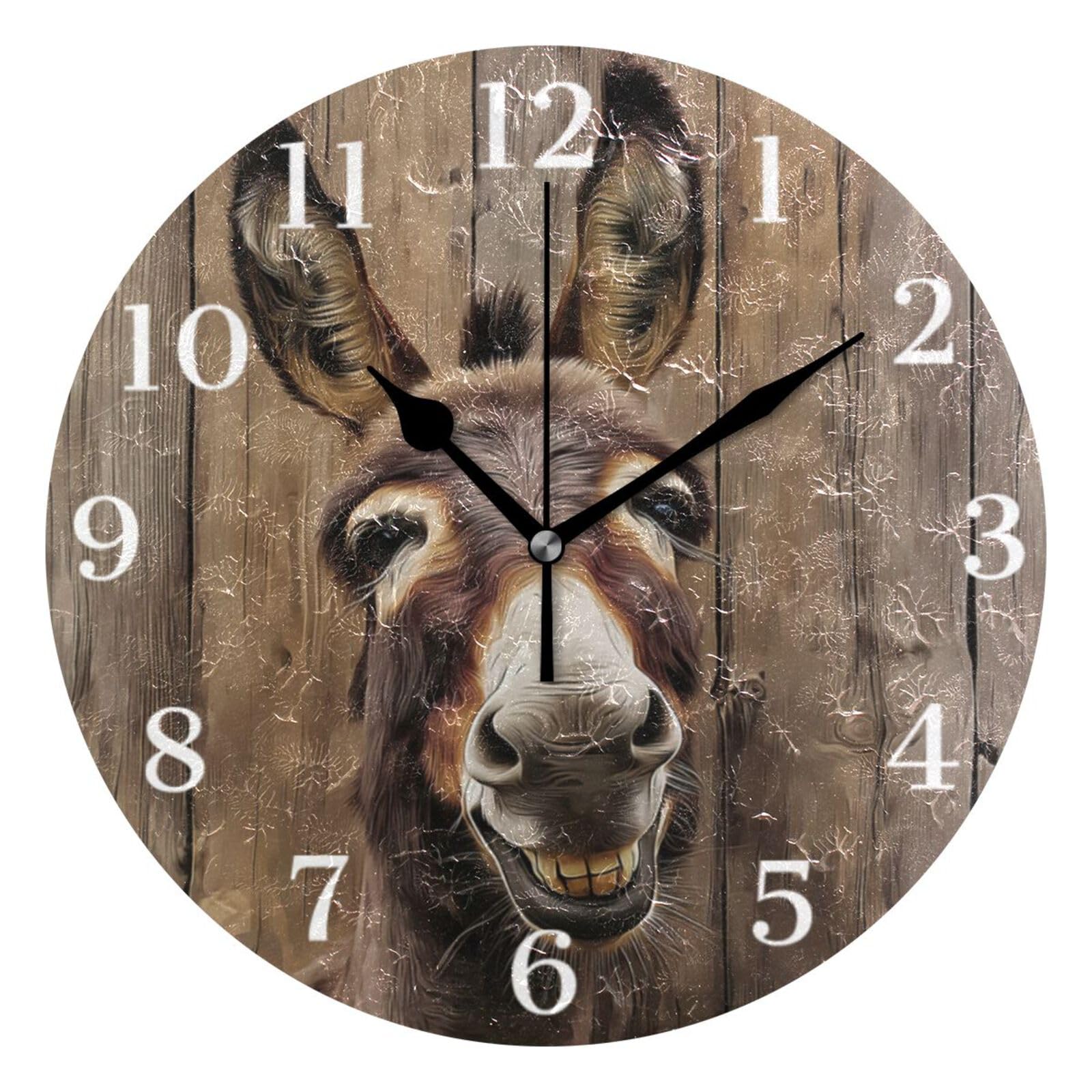 Ensound Happy Donkey Wall Clock Silent Non-Ticking Battery Operated Clocks 12 Inch for Kitchen Home Living Room