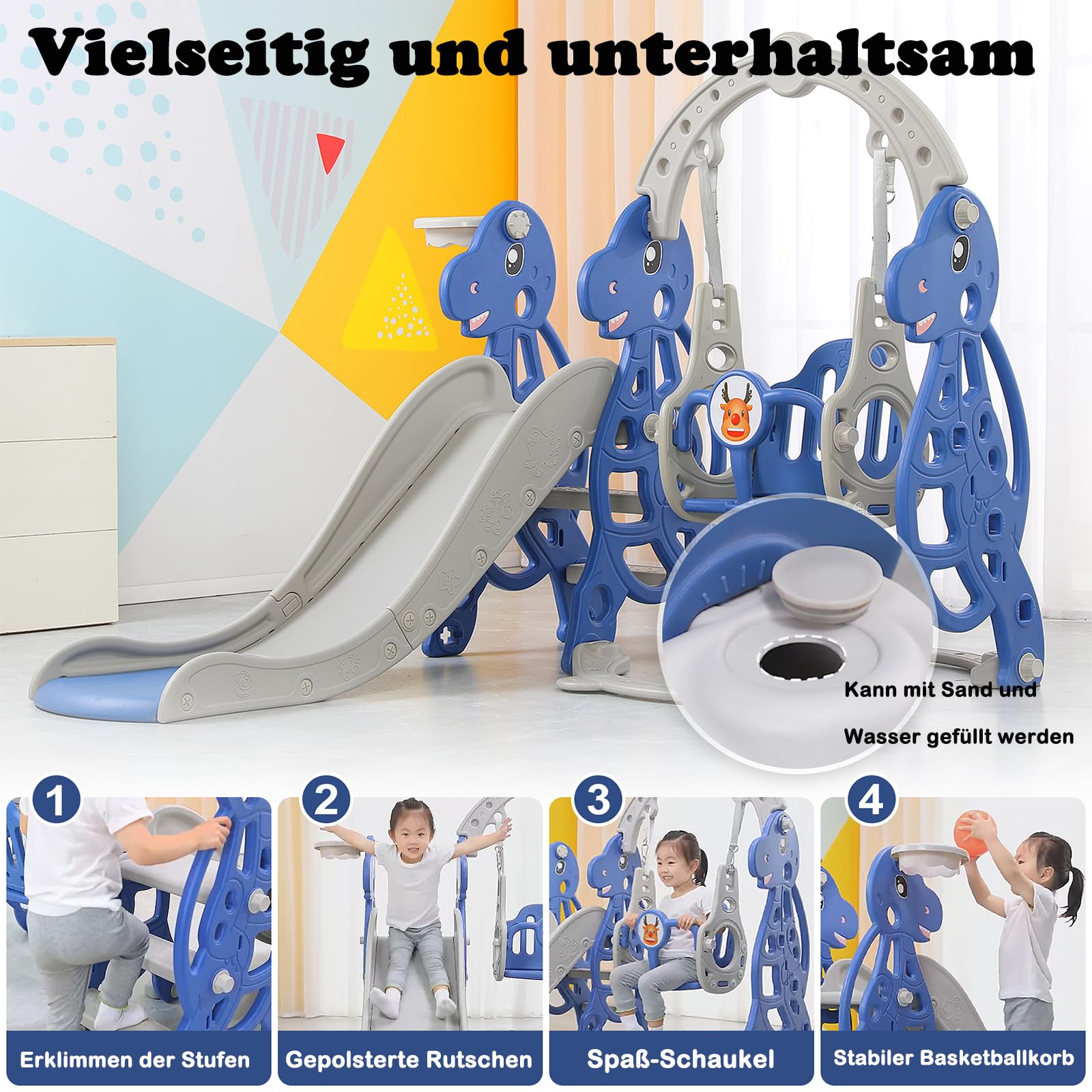 Aufun Tobogán infantil 4 en 1, parque infantil con canasta de baloncesto, tobogán extralargo, columpio, tobogán para bebés fácil de colocar para interiores y exteriores, patio trasero (175 x 145 x 120