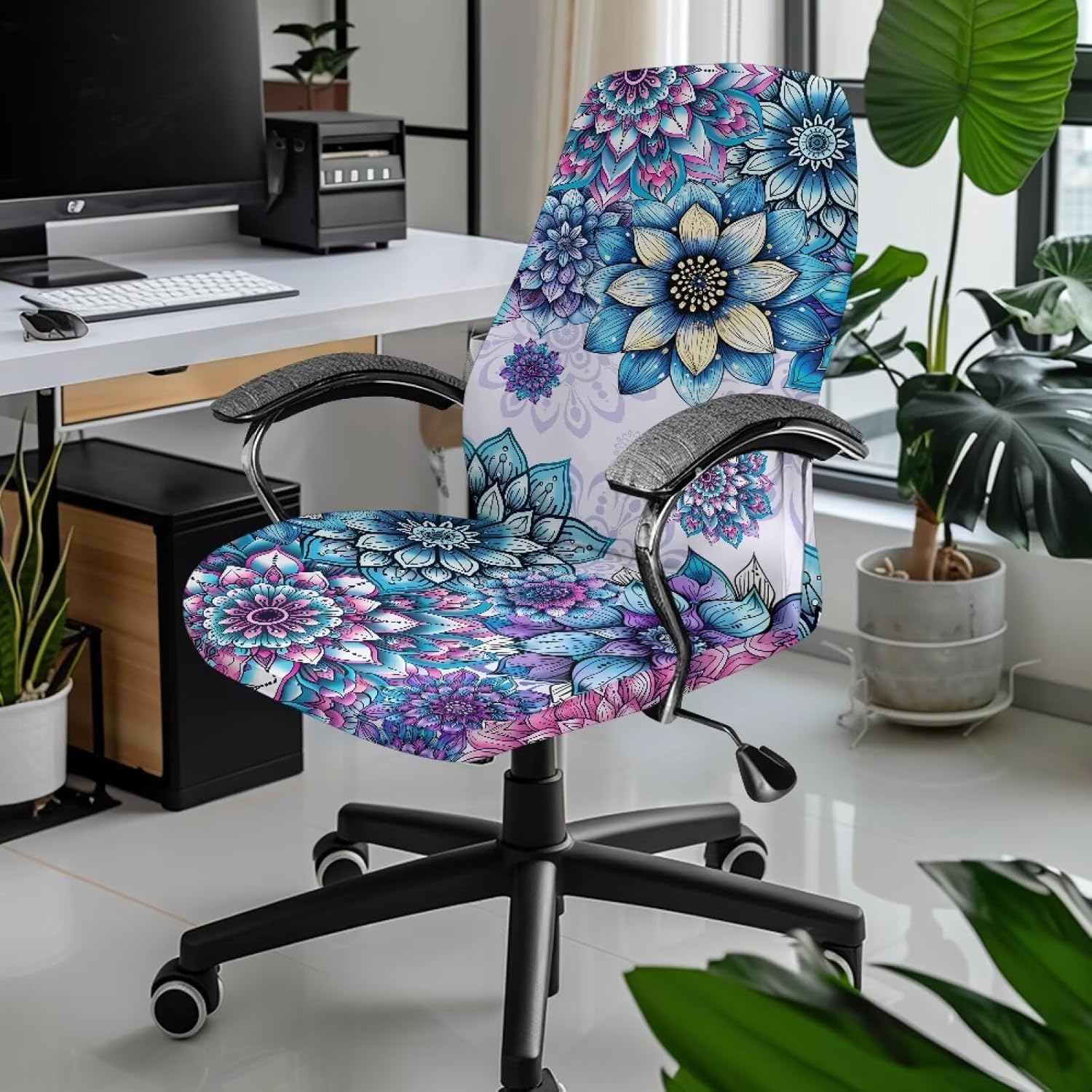 Boho Mandala Flower Pattern Office Chair Cover, Removable Office Chair Seat Covers Breathable Rotating Chair Slipcovers Water Resistant High Back Computer Chair Cover-S