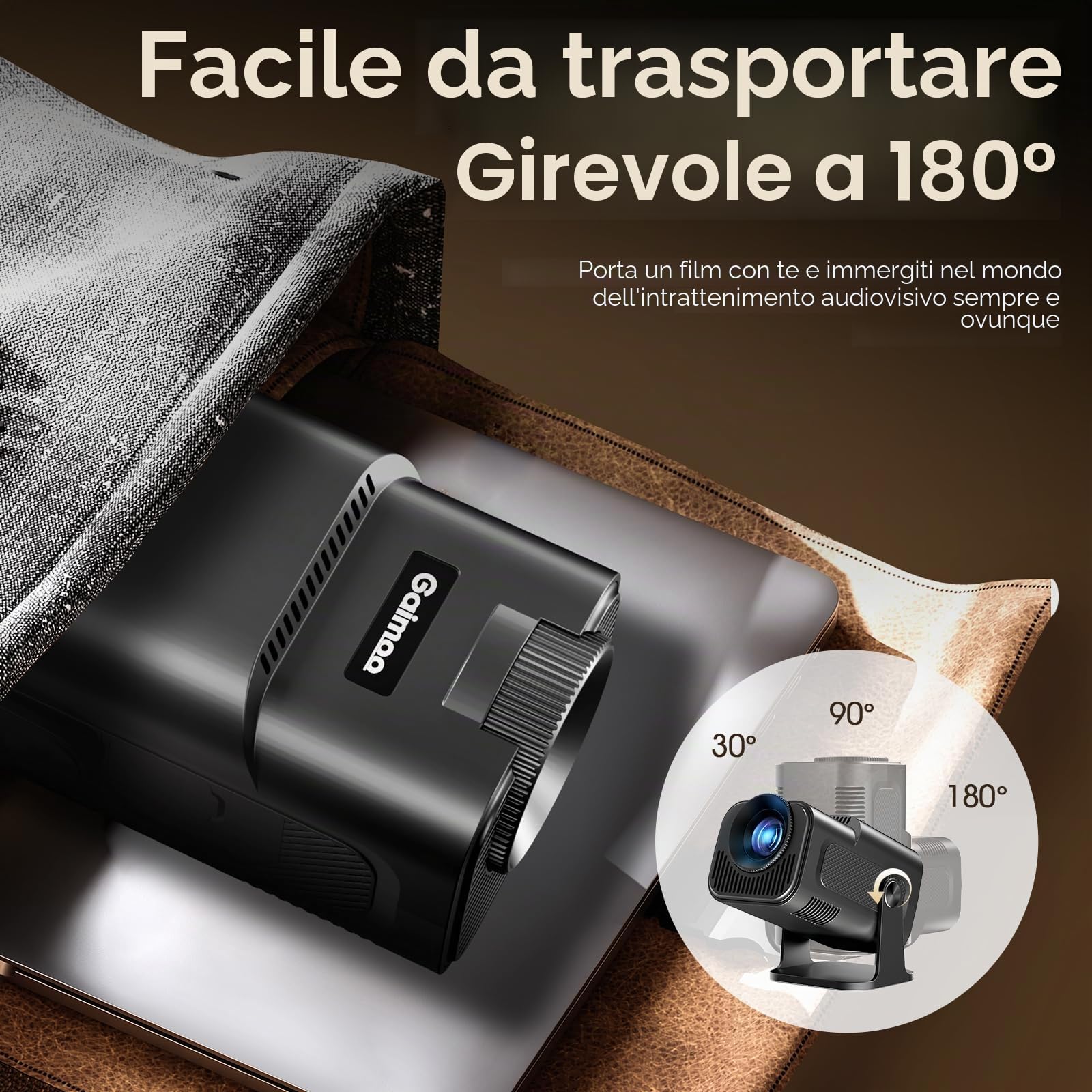 Mini Proiettore 4K 1080P WiFi 6 Bluetooth 5.4 Auto Keystone 180° Portatile HDMI Nero