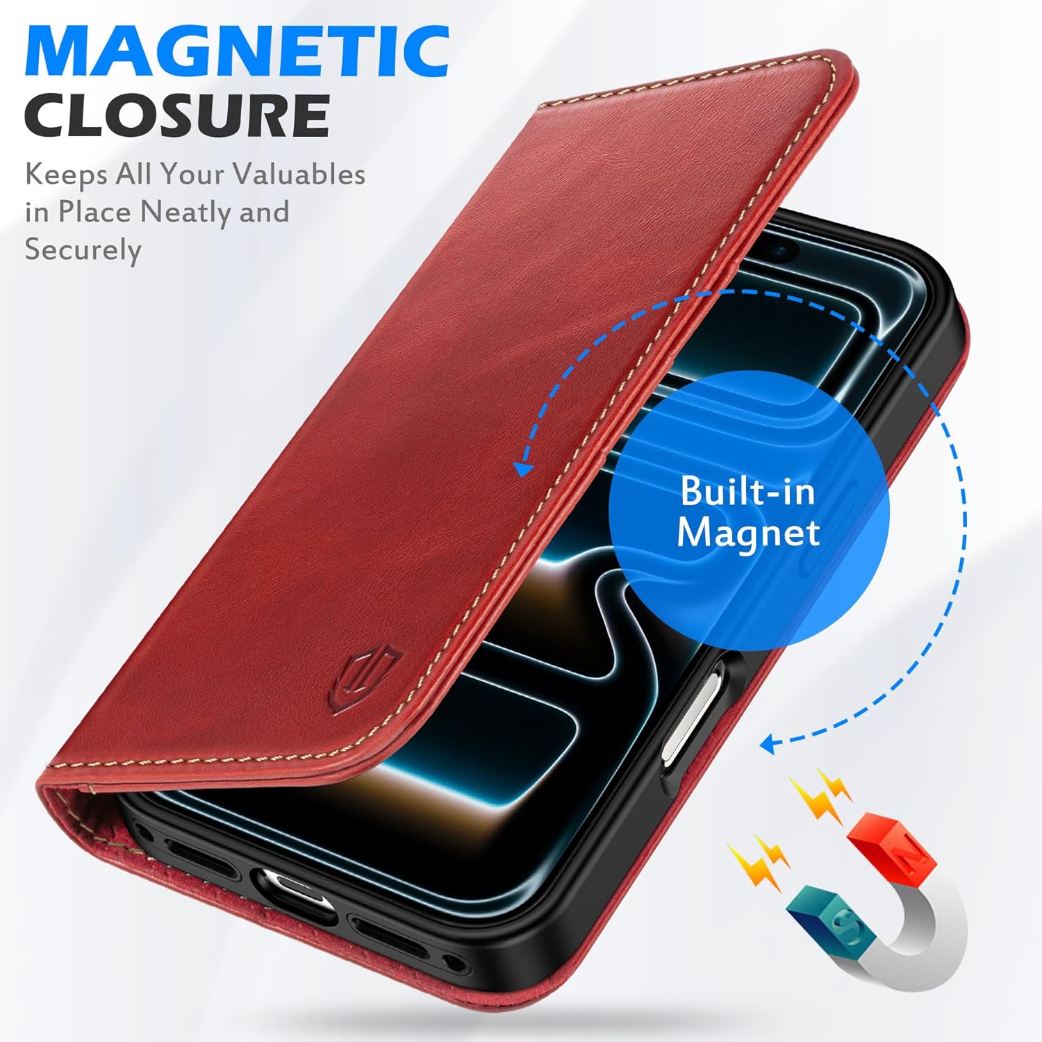 SHIELDON Genuine Leather Case Wallet for iPhone 17 Pro 6.3-inch 2025 | Book Design | Magnetic | Kickstand | RFID Blocking Credit Card Holder | Soft Shockproof Phone Cover | Retro Red