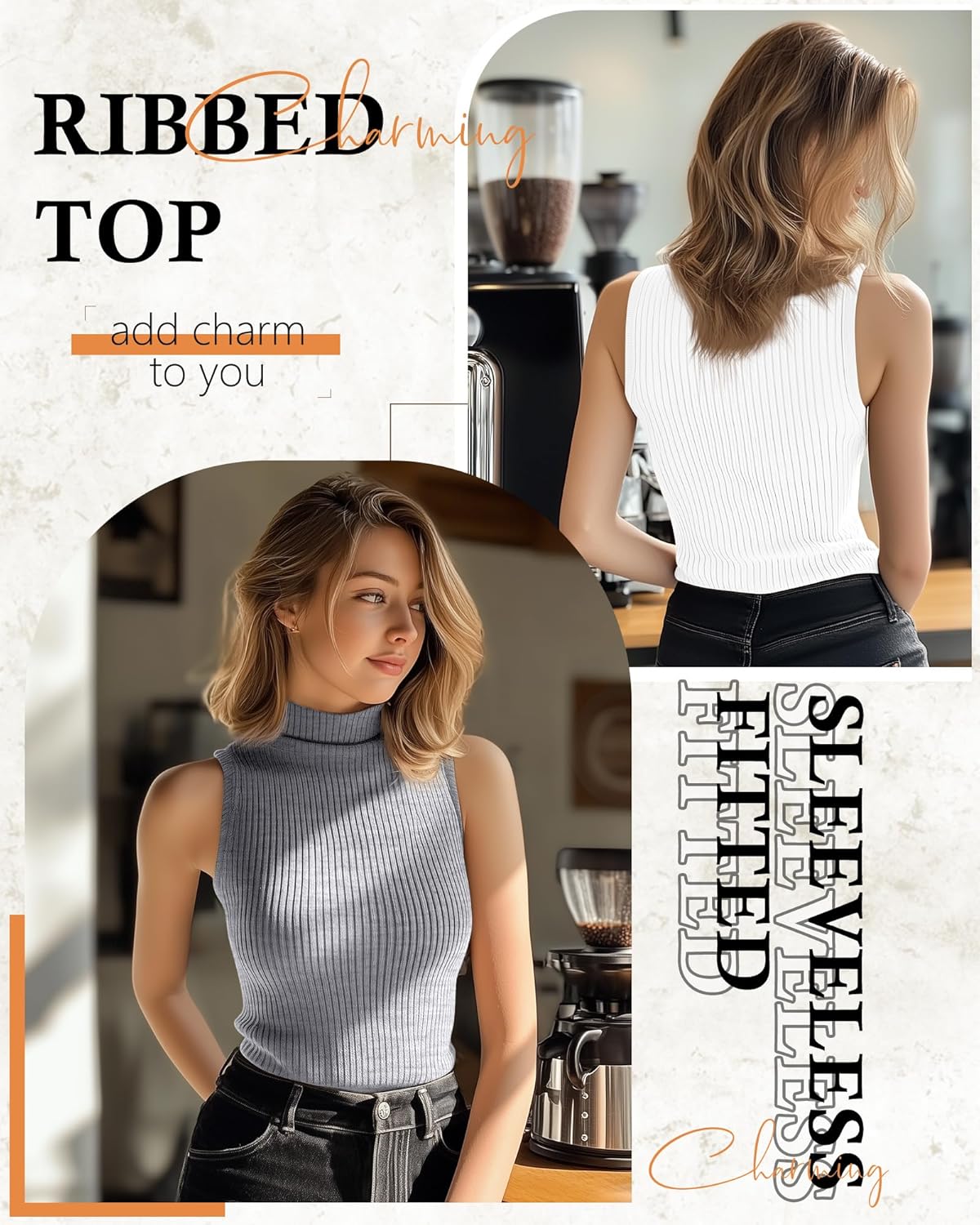 3 Pack Women's Sleeveless Mock Turtlenecks Shirts, Ribbed Stretch Slim Fitted Tank Top Basic Lightweight Bustier Tee - Image 3