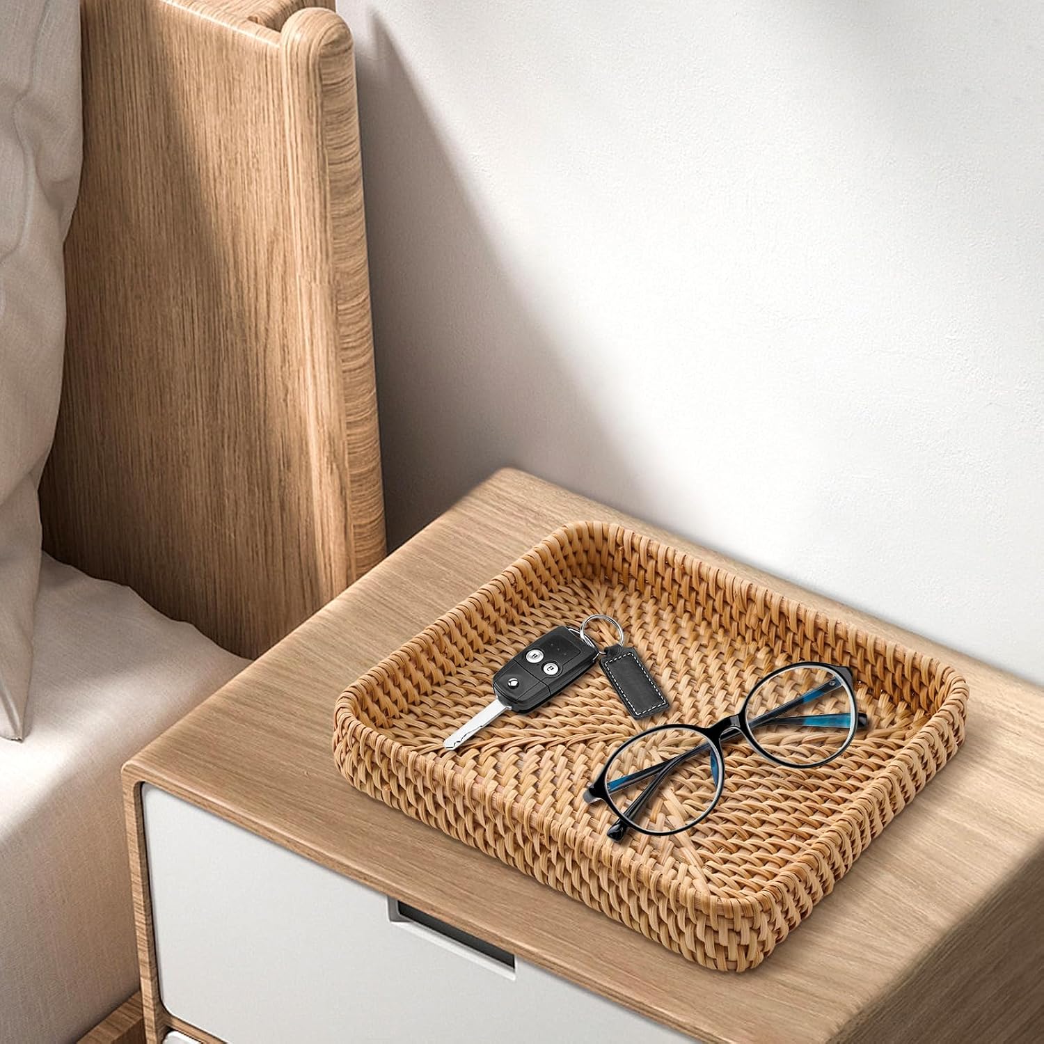 2 Pack Square Rattan Tray Set 8” Vietnam Rattan Decorative Tray Entryway Key Basket Hard Wicker Tray Storage Basket Remote Control Organizer Woven Basket for Coffee Table Kitchen Home Decor