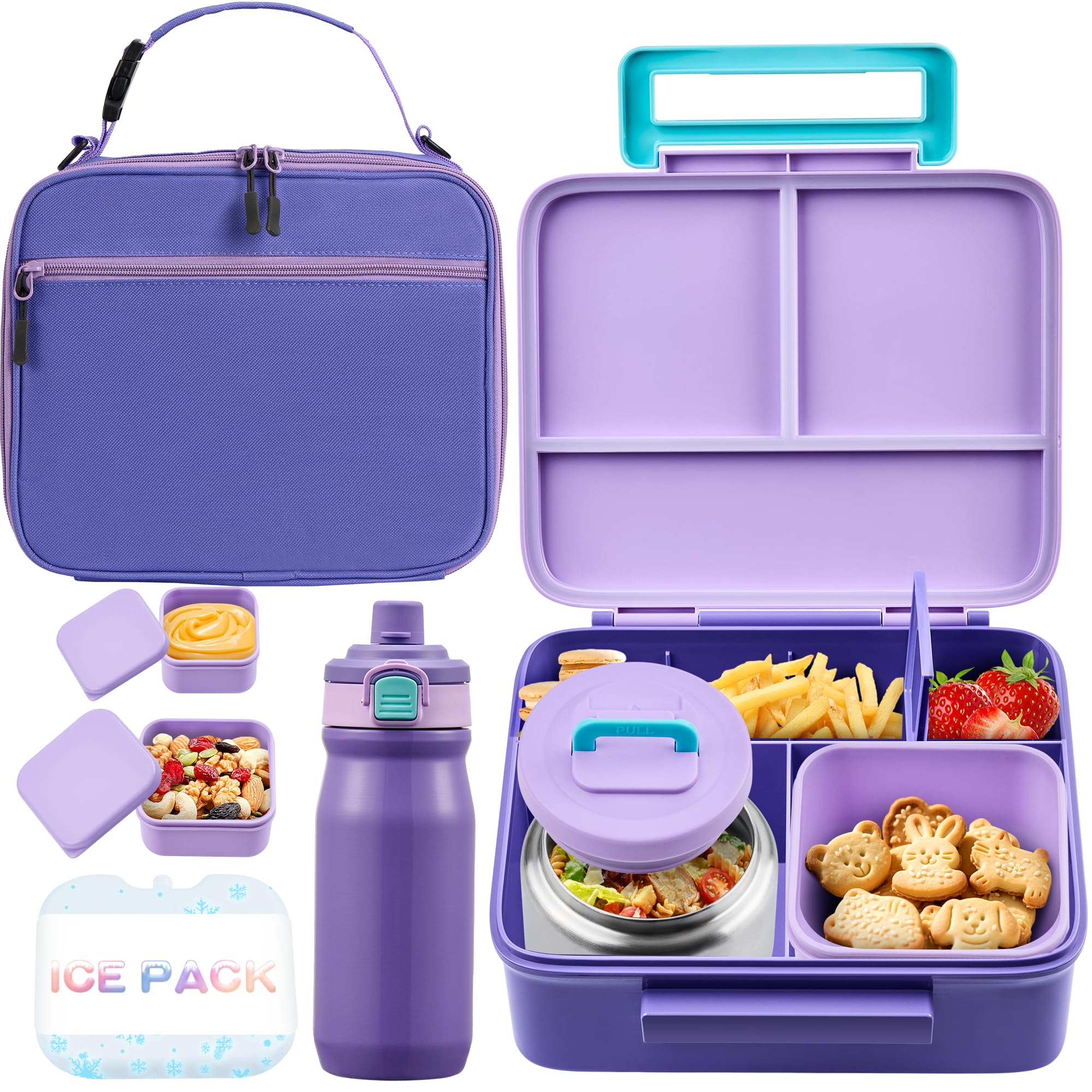Bento-Lunchbox für Kinder mit Thermoskanne, auslaufsichere Bento-Box mit 237 ml isoliertem Lebensmittelglas, isolierte Flasche, Lunch-Tasche, BPA-frei, spülmaschinenfest, Behälter mit 4 Fächern, für