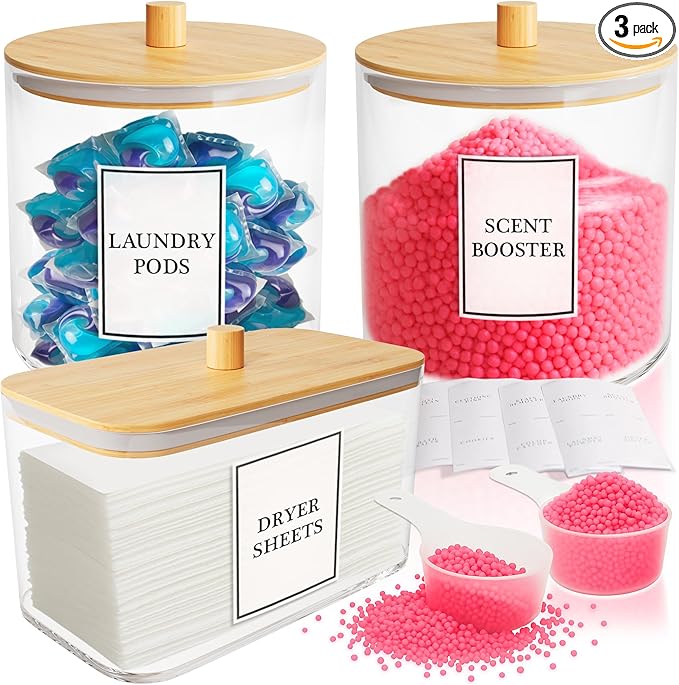 Laundry Pods Containers for Organizing Dryer Sheet Holder & Laundry Jars with Lids, Labels & Scoops - Acrylic Laundry Storage Containers for Powder, Pods, Detergent, Scent Booster