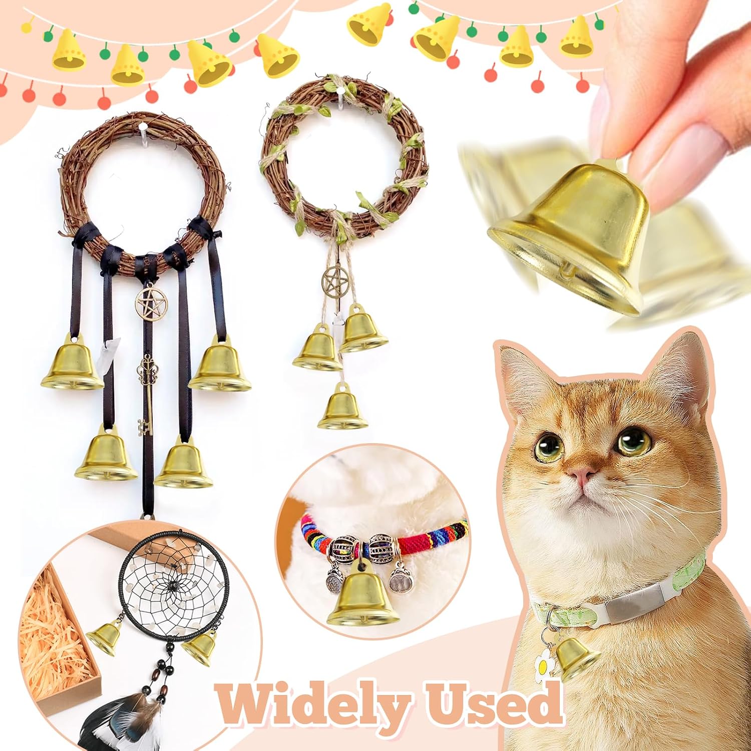 TOAOB 20pcs Craft Bells Gold Vintage Jingle Bells Tiny 1.7x1.5inch with 1 Roll Jute Rope for Hanging Wind Chime Making Dog Training Doorbell Decor Crafts DIY Projects