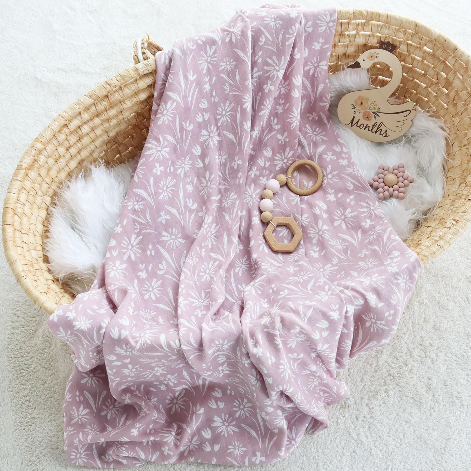 LifeTree Baby-Wickeldecke und Schleife, mauvenfarbenes, florales Musselin-Wickelset für Neugeborene, mit passender Stirnband-Schleife, Wickeldecke für Kleinkinder, 119,4 x 119,4 cm, 70 % Viskose aus