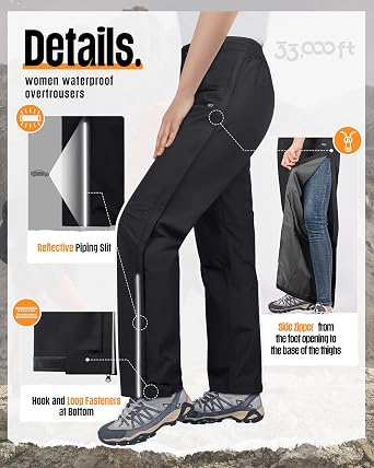 33,000ft Women's Side Zipper Rain Pants Lightweight Rain Over Pants