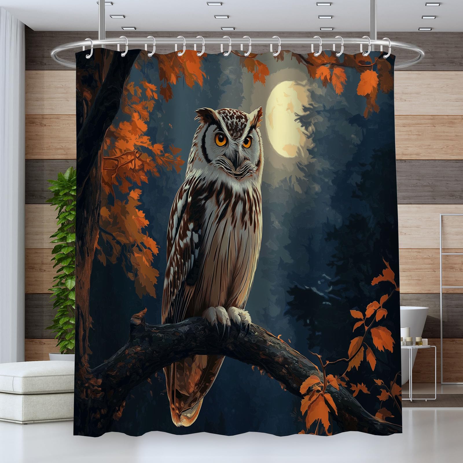 Rideau de Douche, 240x200cm Aquarelle Animaux Rideau de Douche, Branches Hibou Lesté Imperméable,avec 12 Crochets