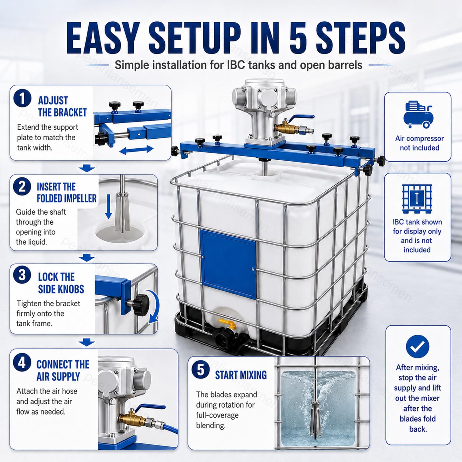 Agitador de Aire IBC,Mezclador de Aire para Depósito IBC y Barril Abierto,Agitador Neumático de Velocidad Ajustable con Hélice Plegable de Acero Inoxidable,para Resinas,Pinturas 3-Cylinder