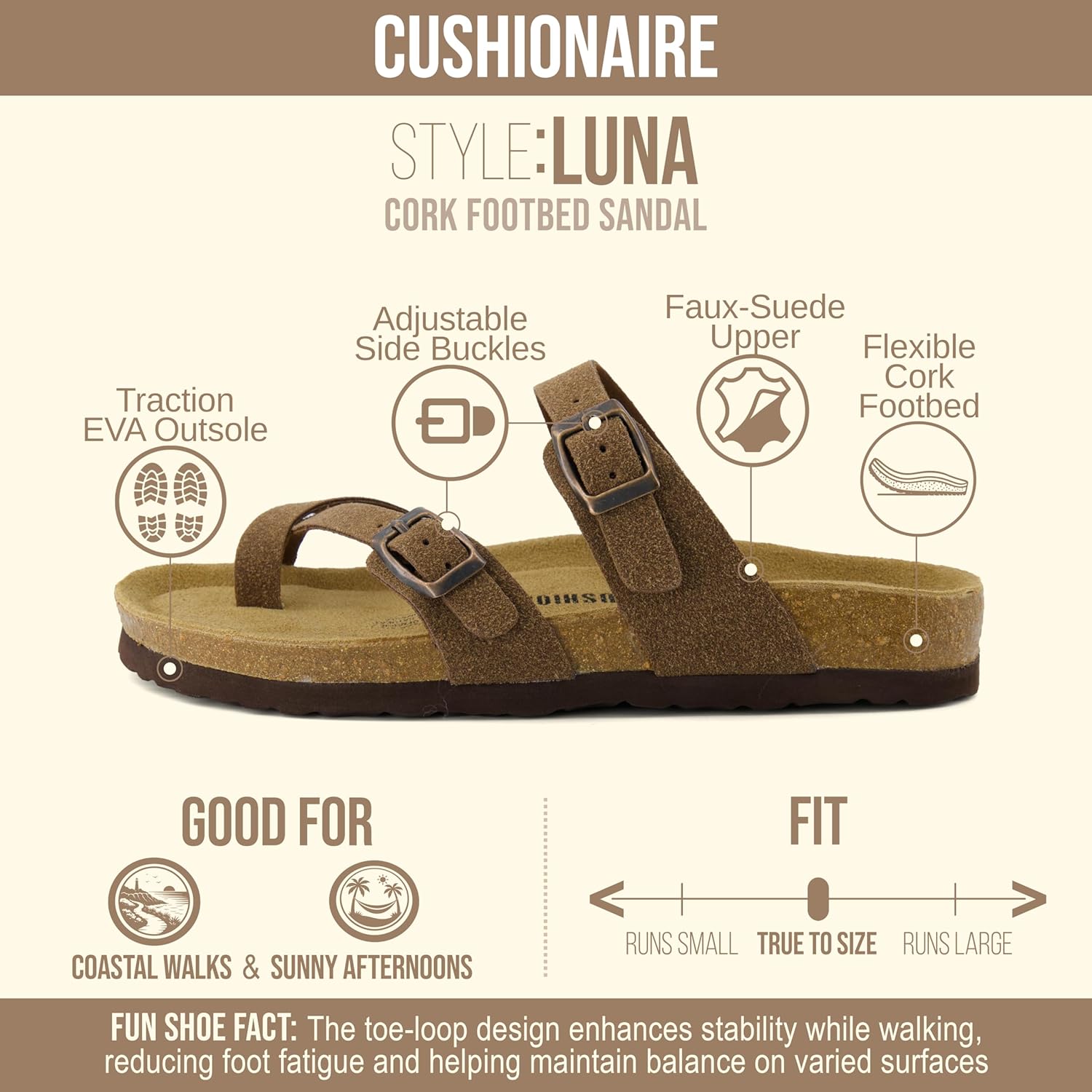 CUSHIONAIRE Luna Sandals for Women, Cork Footbed Womens Sandals for Summer Comfort with Adjustable Straps, Wide Width Available - Image 4
