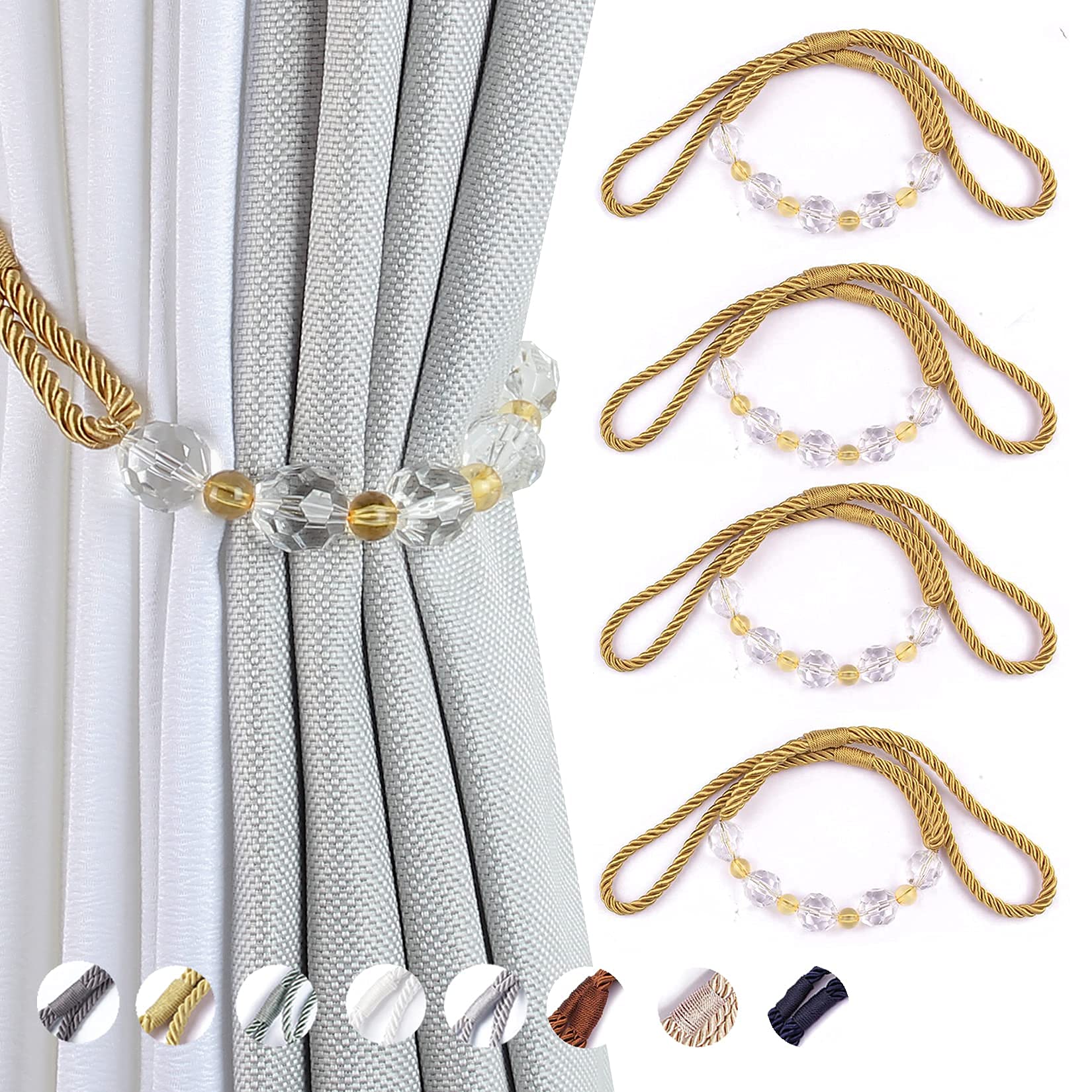 Tassel Curtain Tiebacks， Curtain Tiebacks 4 Pack Multicolor 31. inches Braided Rope With Crystal Beads(Onecolor)