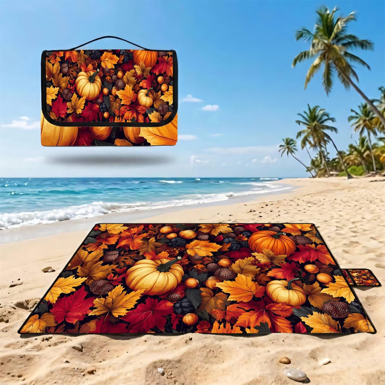 Coperta de Picnic Grande 200x200 cm, Zucca Manta Picnic Impermeable Anti-Sabbia Manta de Playa Pieghevole, Outdoor Picnic Blanket per Spiaggia, Camping, Giardino, Trekking - Autunno FZ-142