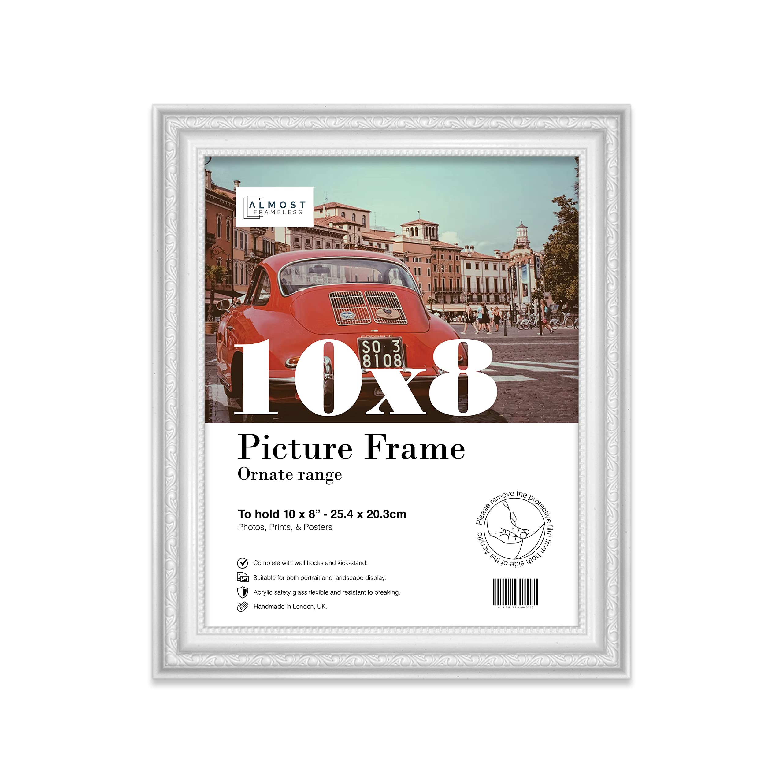 Almost Frameless 10x8 White Ornate Picture Frame 10"x8"(25.4x20.3cm) Poster, Photo, Artwork, or Print. Elegant Style Portrait and Landscape Display with Wall Hooks