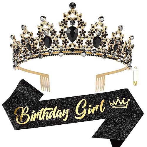 SuPoo Banda de cumpleaños para niña corona de cumpleaños negra tiara de cumpleaños para mujer coronas para niñas diadema de diamantes de imitación