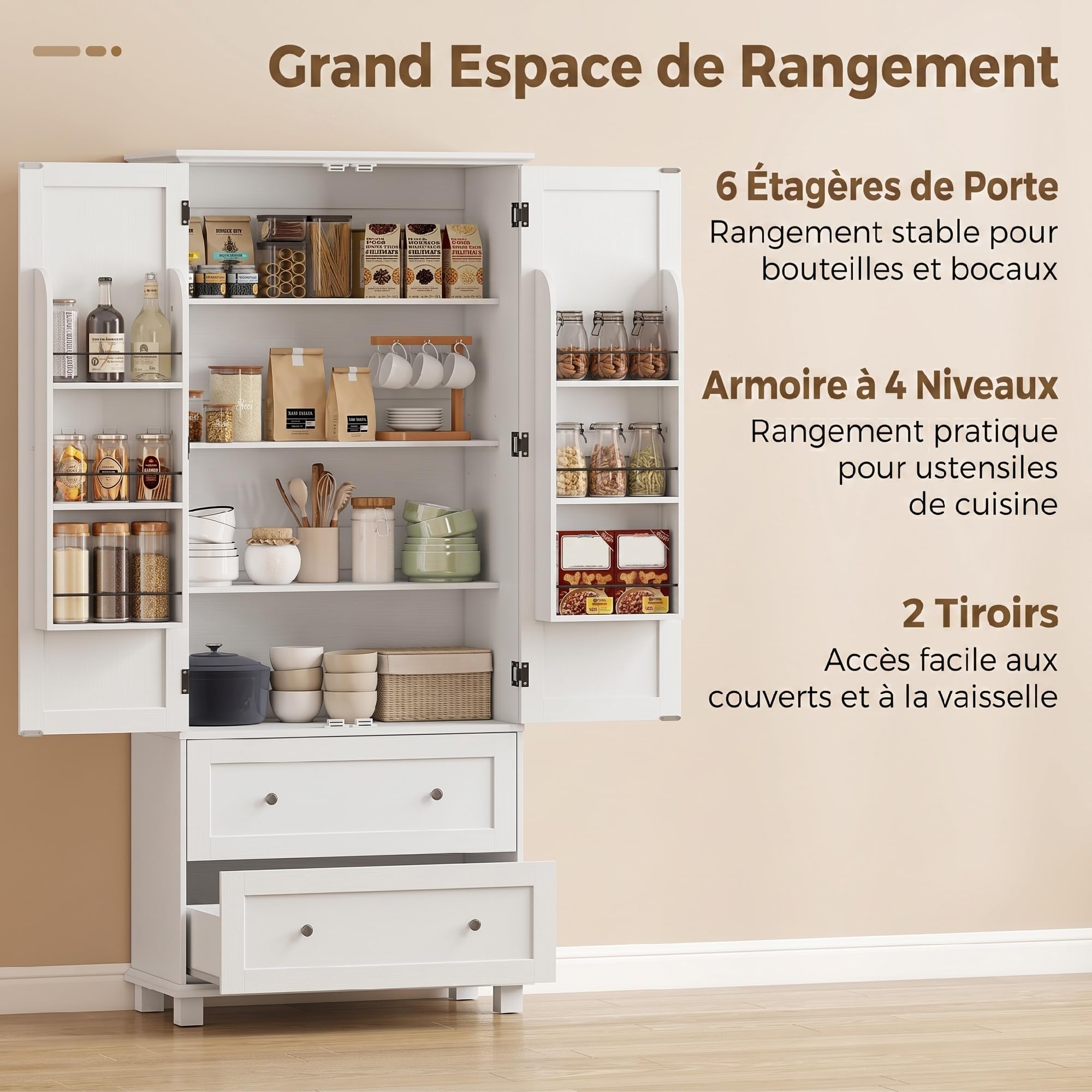 HOMCOM Buffet Haut Cuisine Armoire de Cuisine 80x39,5x184,5cm Blanc