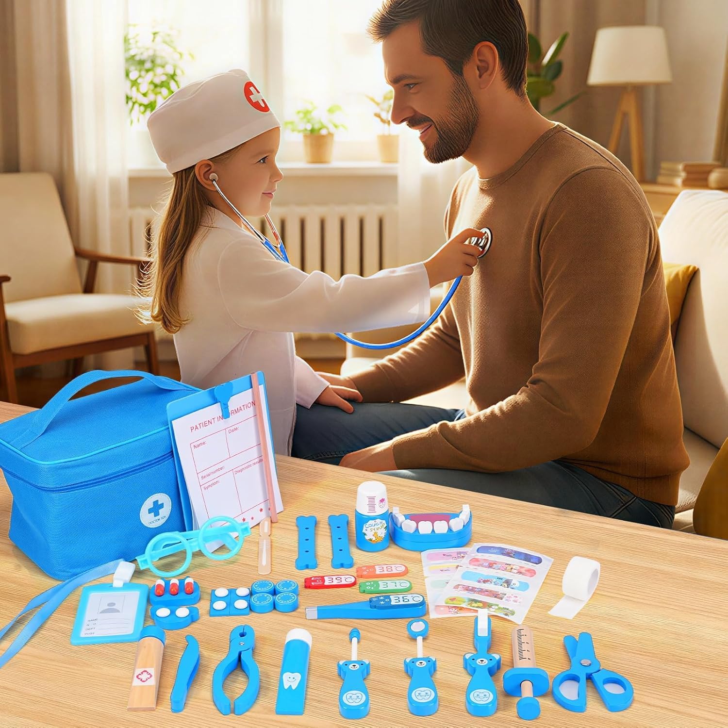 Maletin Medicos Juguete,Kit Medico Infantil,Doctora Juguete con Real Estetoscopio,Termómetro,Maletín de Médico Portátil,Juegos de Imitacion Regalos para Niñas Niños 3 4 5 6 -Azul - 3