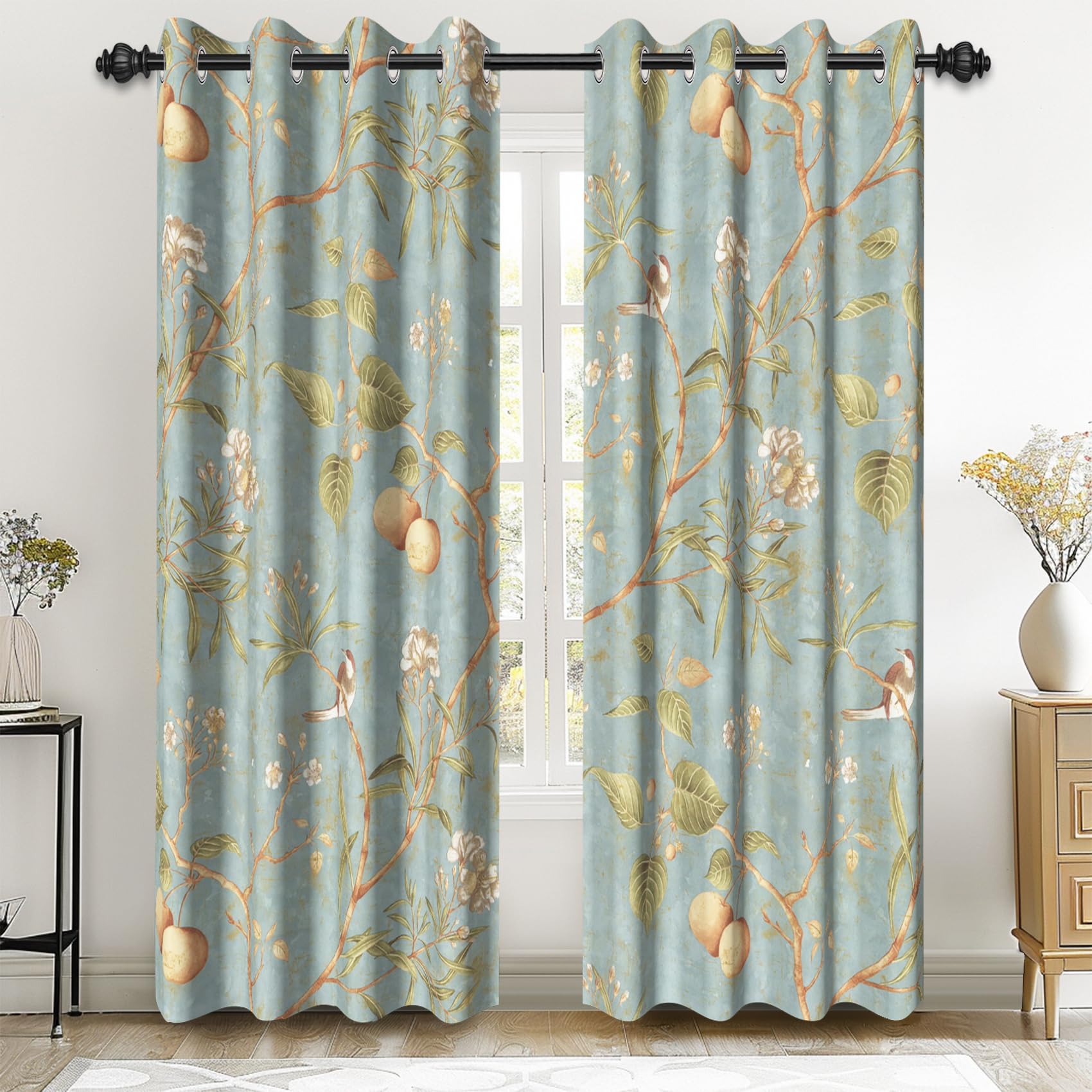 Rideaux occultants à œillets motif oiseau bleu floral pour fenêtre de chambre 106x213 cm