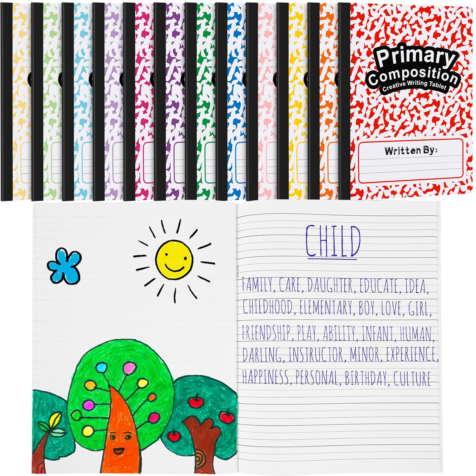 Henoyso 12 quaderni per composizione primaria K-2, 64 pagine, a righe, per bambini di 1a e 2a elementare, per bambini di scrittura e disegno, per scuola materna e scuola elementare (12 colori)