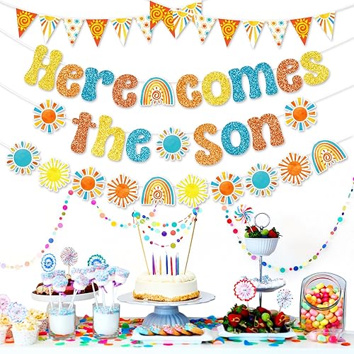 Miniatura 6 de Pasimy Decoraciones de baby shower de hijo, pancarta con recortes de sol, pancarta bohemia retro Groovy para niño, primer viaje alrededor del sol,