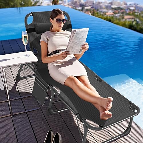 Miniatura 8 de ABORON - Silla de bronceado resistente, tumbona plegable para exteriores de 5 velocidades con cojín, tumbona de playa portátil para tomar el sol,