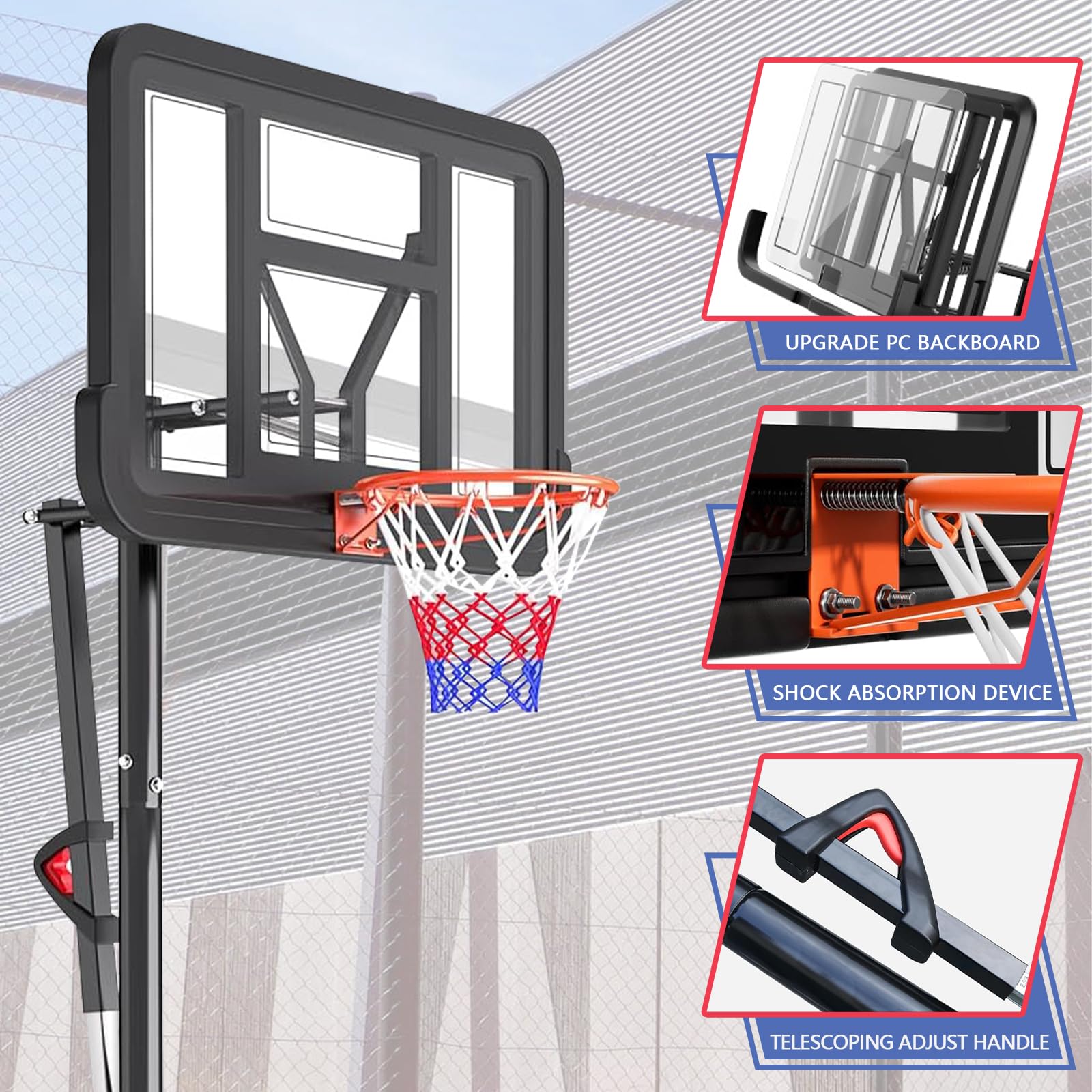 Portable Basketball Hoop Outdoor, Adjustable Height 5.5-10FT Basketball Goal with Heavy-Duty Steel Frame & Wheels, 44 Inch Backboard Basketball System for Driveway, Backyard