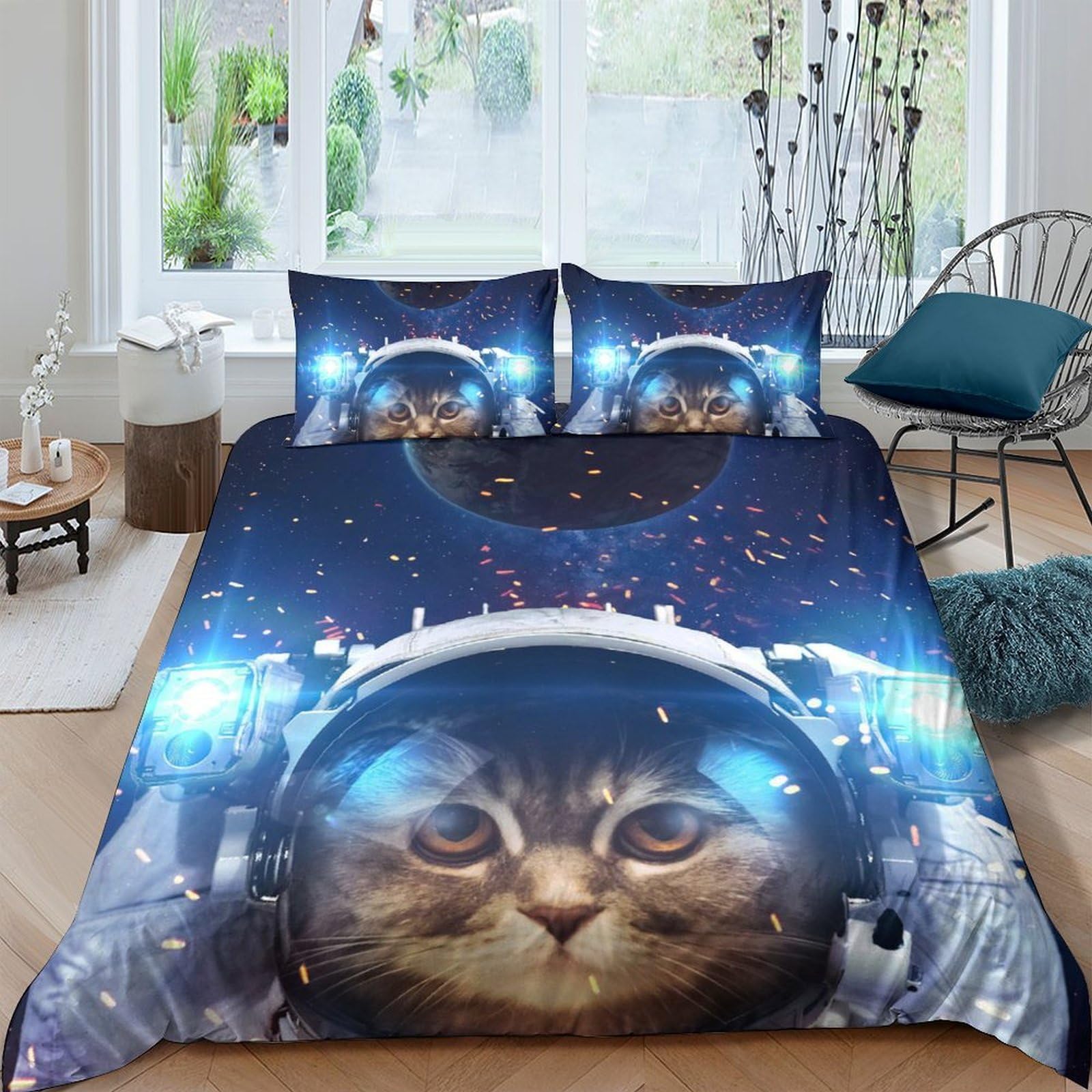 Ctjqhvkz Style-4 3D Printed Space Cat Fitted Sheet Microfiber Soft Washable Galaxy Helmet Mattress Cover For Bedroom Decor Dorm Use Single（135X200cm）