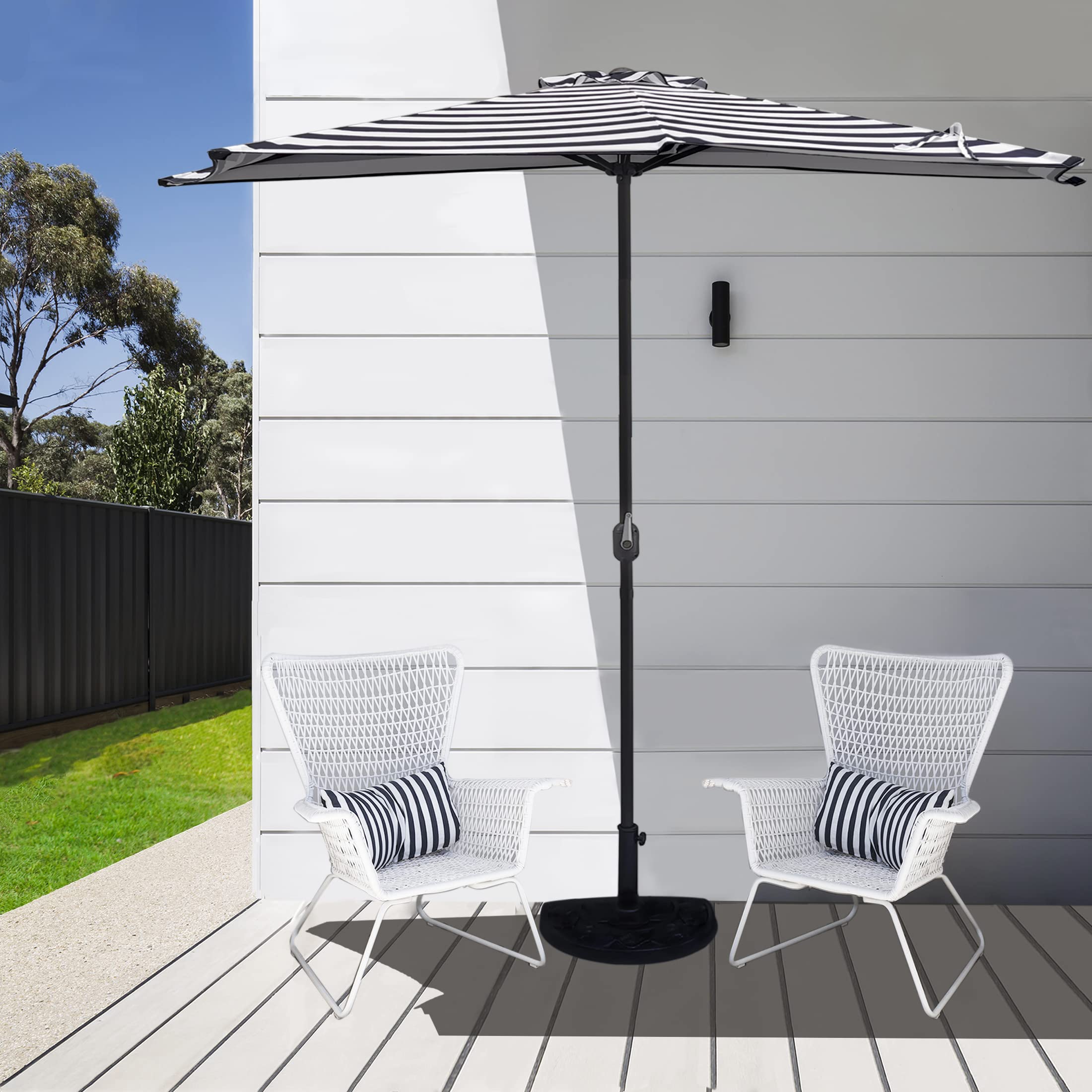 WestinTrends Lanai 9 Ft Outdoor Patio Half Umbrella, Small Grill Deck Porch Balcony Shade Umbrella with Crank, Black/White