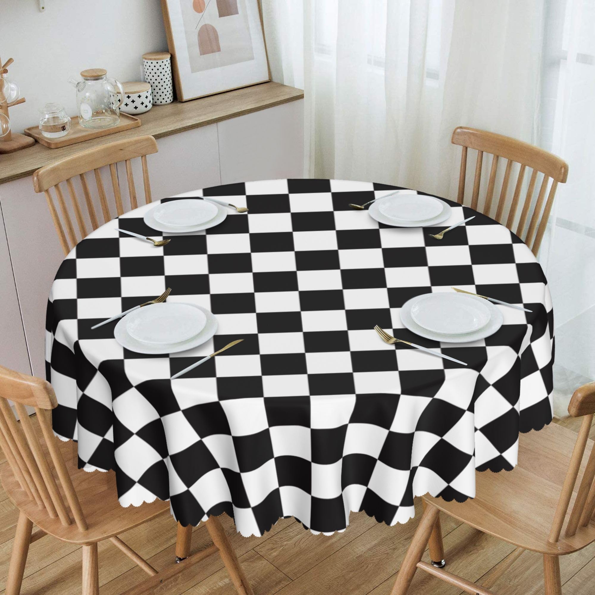 Photo 1 of Ohocut Checkered Table Cloth, Classic Checkerboard Tablecloth for Picnic, Party, Dinner Table Cover, Waterproof Washable Wrinkle Resistant (Black and White, 60''x60'' (Round))