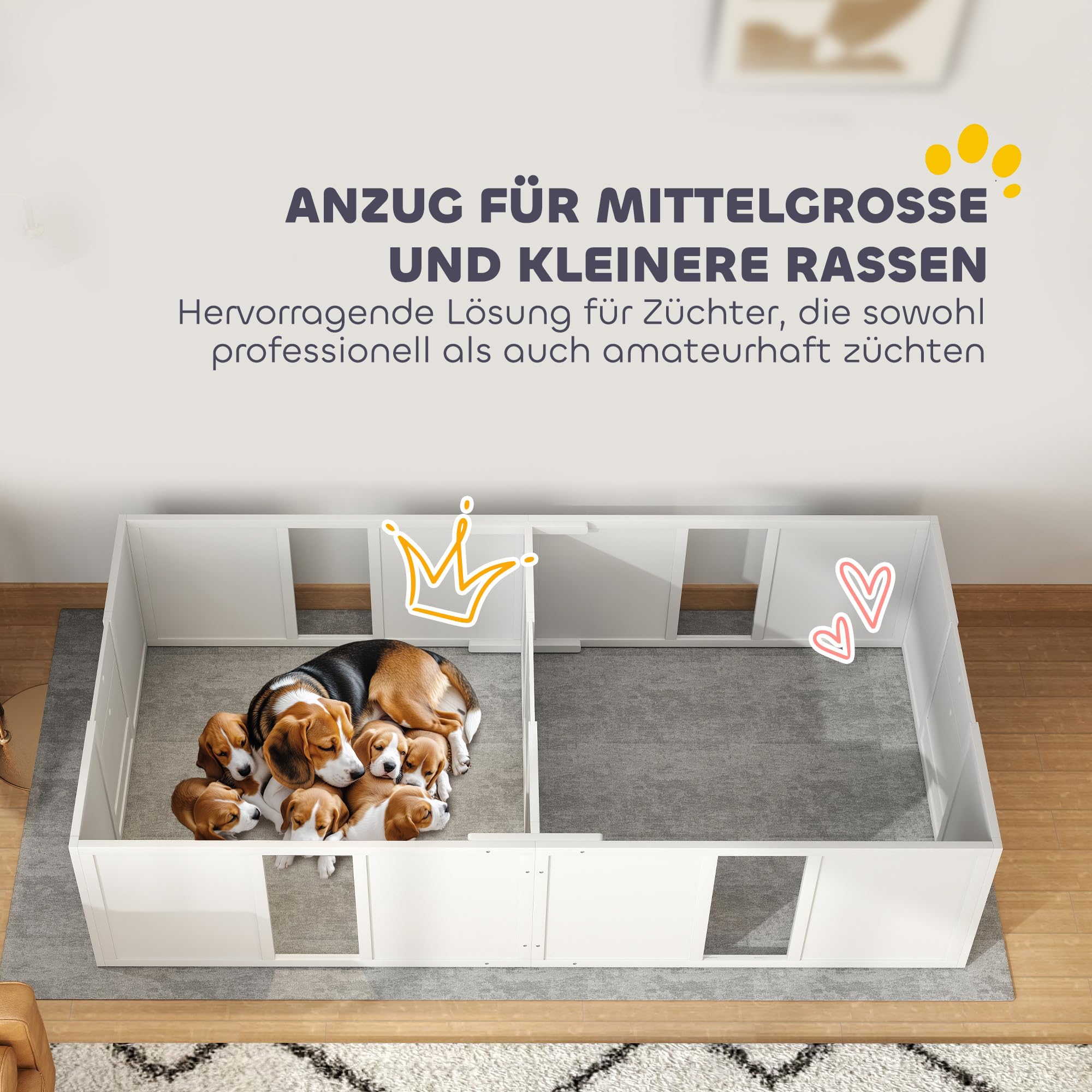 PawHut Wurfkiste für Welpen Hundelaufstall mit Tür 196 x 96 x 48 cm Weiß | Welpenauslauf mit Rutschfeste Bodenschoner, Hunde Wurfbox aus Holz, Welpenlaufstall für Mittelgroße Hunde