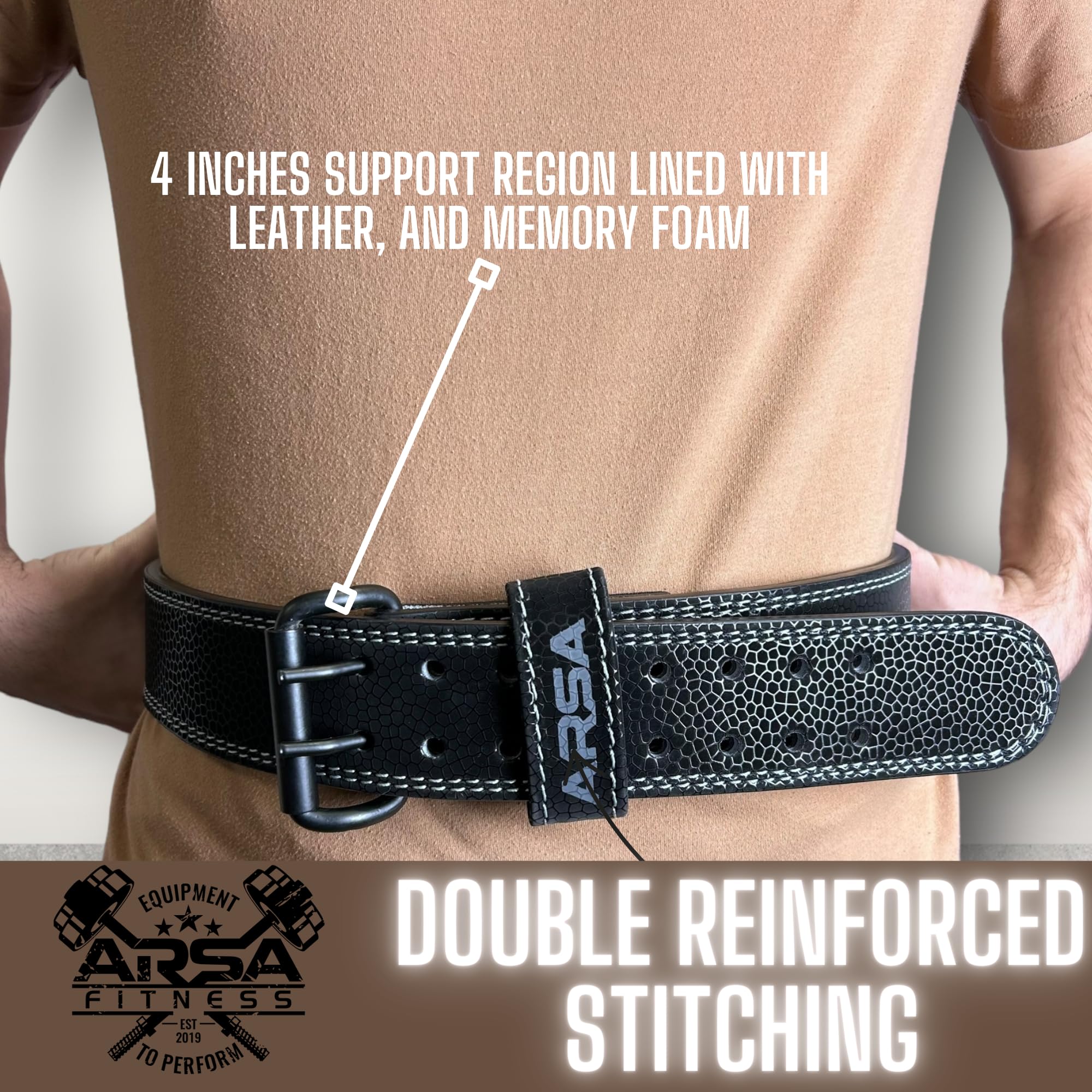 Arsa Fitness Leather Weightlifting Belt for Powerlifting, Bodybuilding, Deadlifting, Squatting, Lower Back Support Adjustable Buckle for Men & Women - SKINZ Series (Black Mamba, X-Large)