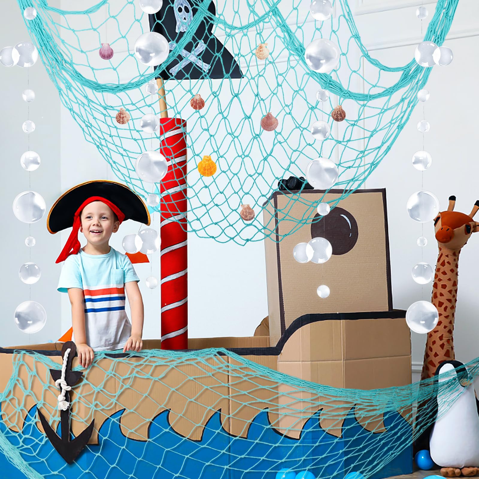 ZERODECO Rete da pesca, decorazione a rete naturale, decorazione per feste di mare, sirena, pirati, feste, matrimoni, feste di compleanno, rete da pesca con conchiglie, ghirlande a bolla, blu cielo