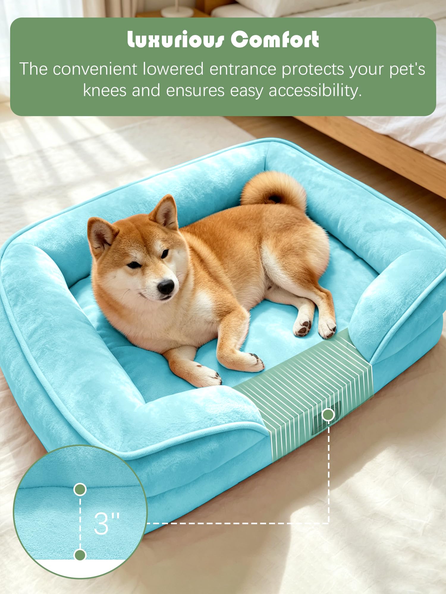 Spotted Play Orthopedic Dog Bed with Sides - Sofa Beds for Medium Dogs, Supportive Foam Pet Couch Bed with Washable Removable Cover, Waterproof Lining and Non-Slip Bottom, Ice Blue - M view 3