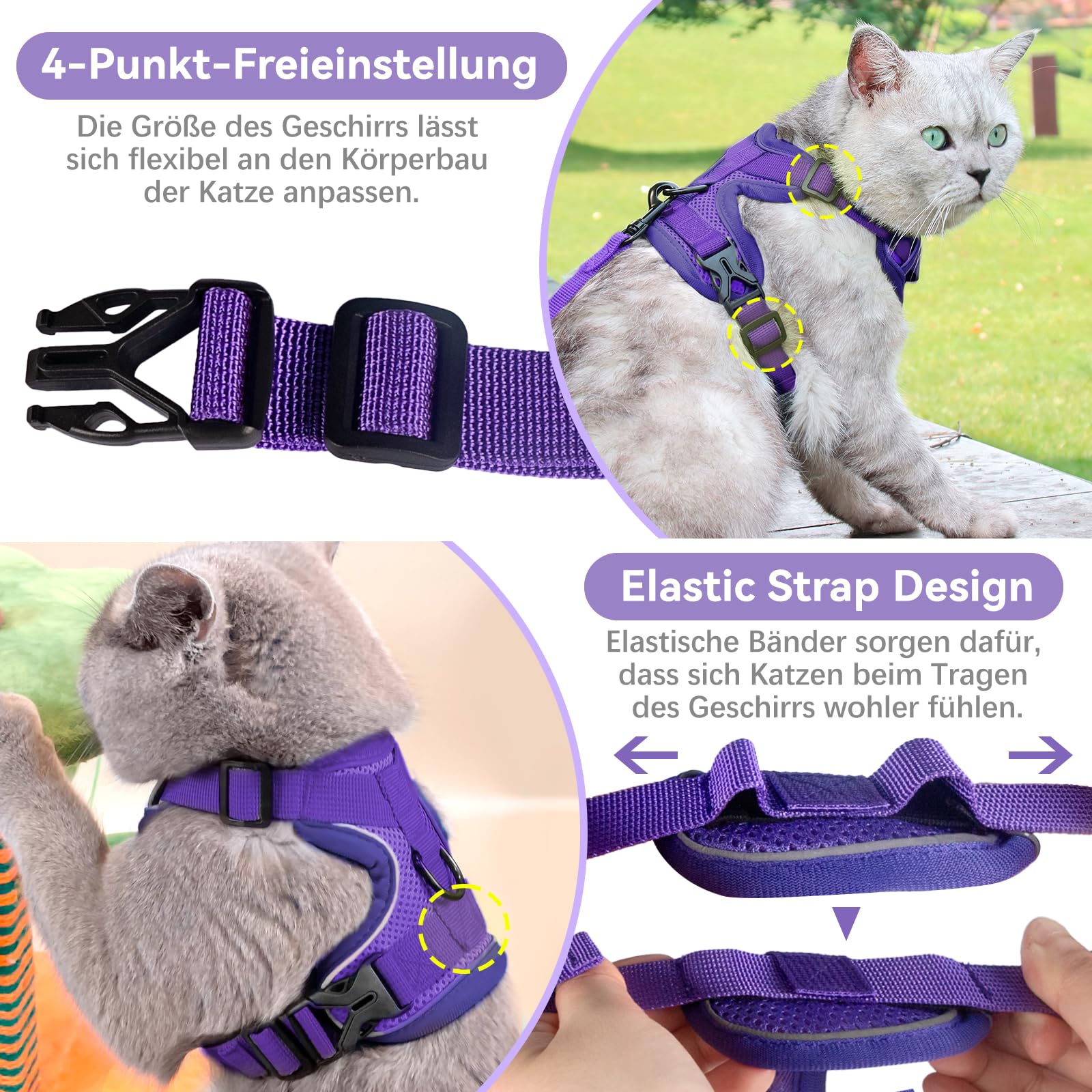 Arnés ajustable anti-rotura para gato con correa - Grantop - Arnés suave para gato - Morado oscuro - Talla XS — view 6
