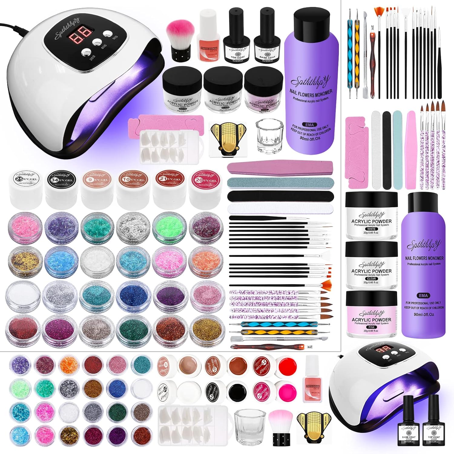 SPTHTHHPY Kit Smalto Semipermanente Unghie Completo Professionale in 6 Colori Gel+48W LED/UV Lampada+2 Base e Top Coat+Set Polvere e 90ML Liquido Acrilico Per Unghie Nail Art Tool Set Kit 4 - Immagine 1