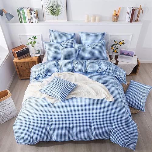 Miniatura 14 de FADFAY Juego de funda de edredón de cuadrícula azul, tamaño individual, 100% algodón, ultra suave, a cuadros, reversible, con cierre de cremallera