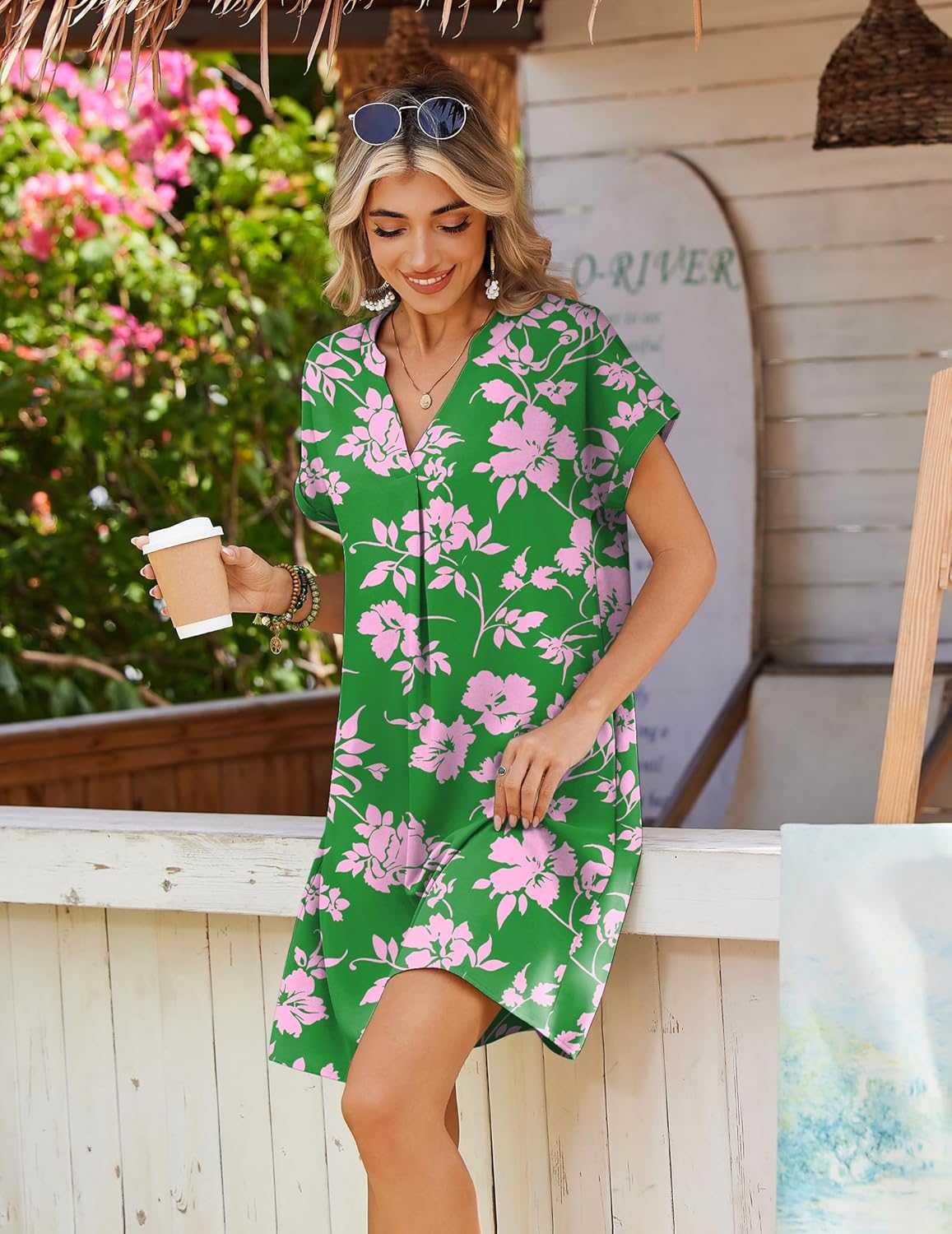 Zeagoo Summer Dresses for Women Short Sleeve Shift Dress V Neck Casual Mini Beach Vacation Boho Sundress with Pockets - Image 3