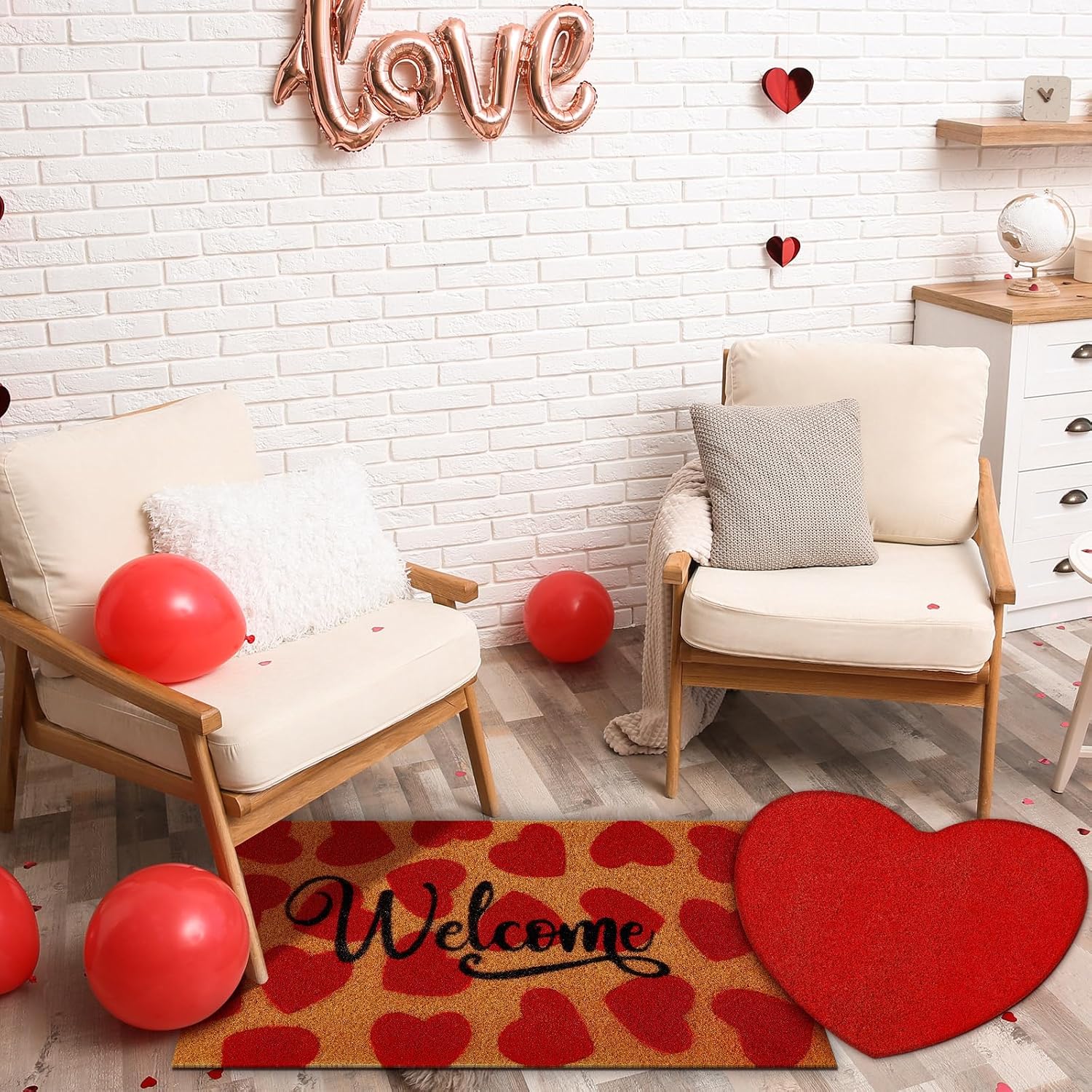 HunnmingRe 2 Pcs Valentines Coir Doormat Red Heart Welcome Mat Valentines Non-Slip Front Door Rugs for Indoor Outdoor Home Bathroom Decor, 16 x 28 Inches