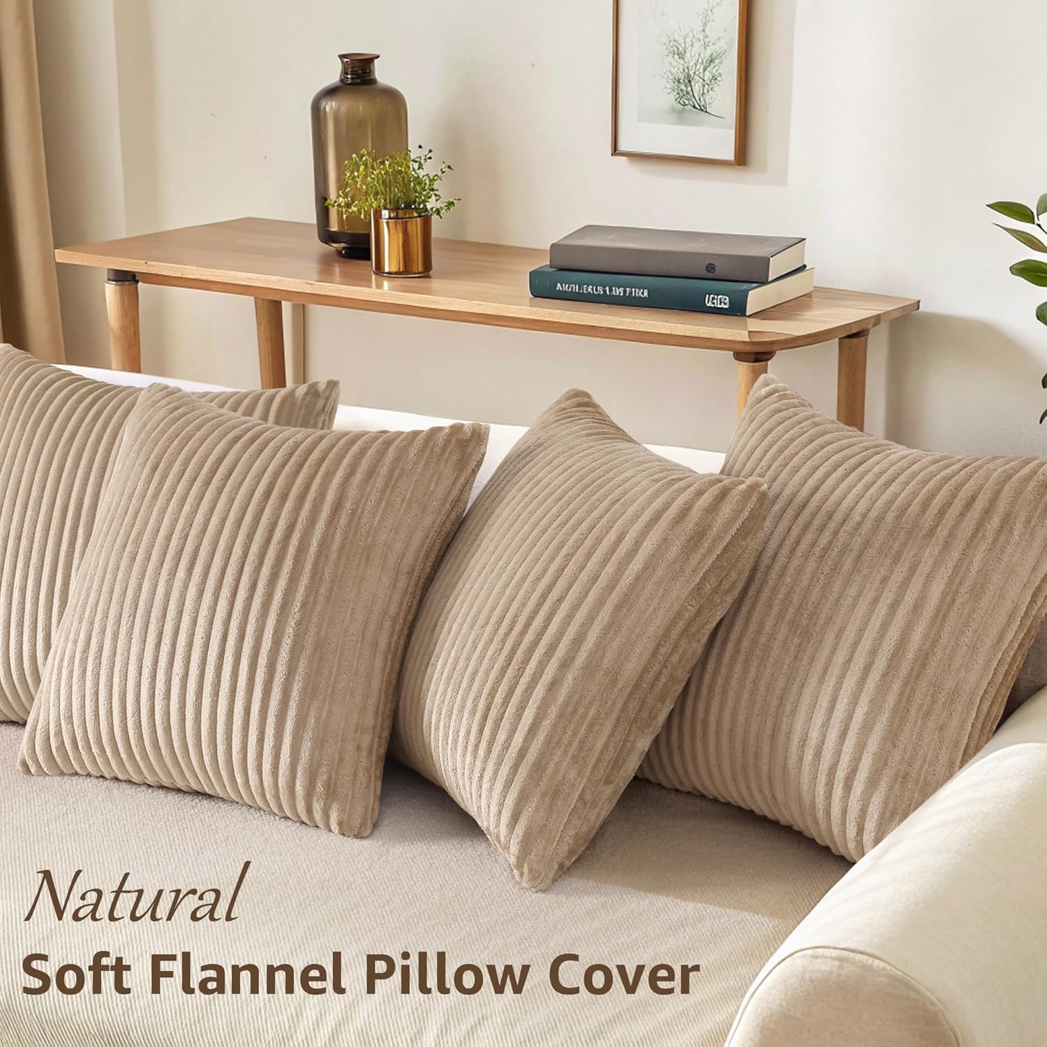 decorUhome Set of 4 Neutral Light Brown Throw Pillow Covers 18x18 Inch, Decorative Soft Plush Flannel Double-Sided Fluffy Couch Spring Pillow Covers, Farmhouse Cushion Covers for Sofa Living Room - Image 5