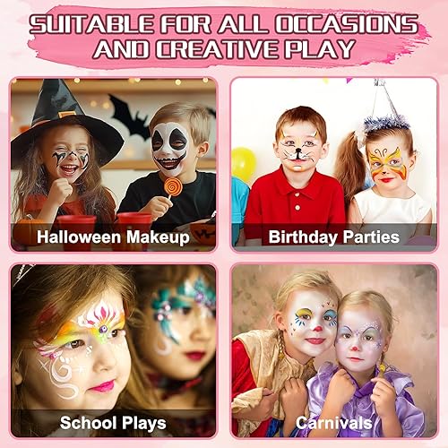 Vista 13 de Pintura facial, 20 colores, kit de pintura facial, kit de pintura facial a base de aceite para fiestas de niños con 10 pinceles, 5 plantillas 20