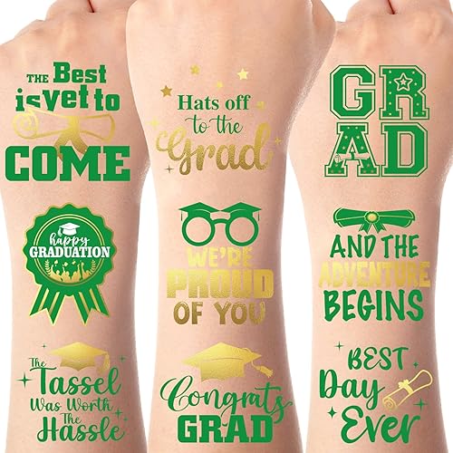 12 hojas de tatuajes temporales de graduación, color burdeos y dorado, purpurina metálica, recuerdos de fiesta de graduación 2023, felicitaciones,