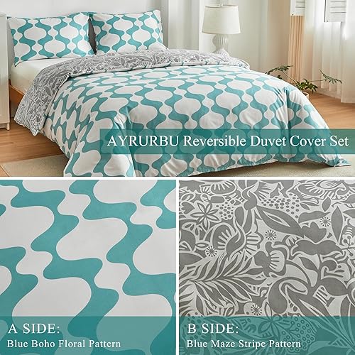 Miniatura 5 de Juego de funda de edredón tamaño Queen  Juego de ropa de cama reversible de 3 piezas con hojas florales onduladas, color gris y azul, microfibra