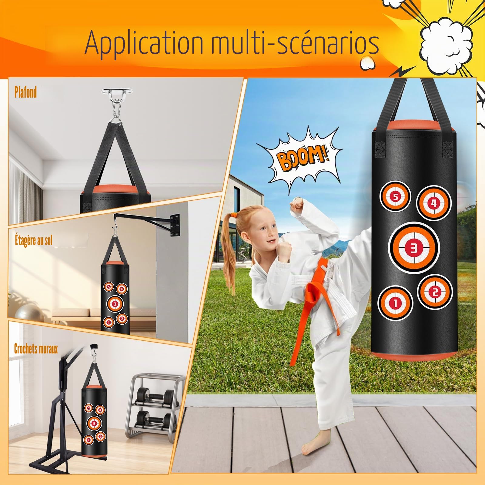 Set de Sacs de Boxe Suspendus, Sac de Boxe pour Enfants 60 cm, Microfibre Cuir Sac Lourd pour l'entraînement Kickboxing Fitness MMA Grappling Muay Thai Karaté