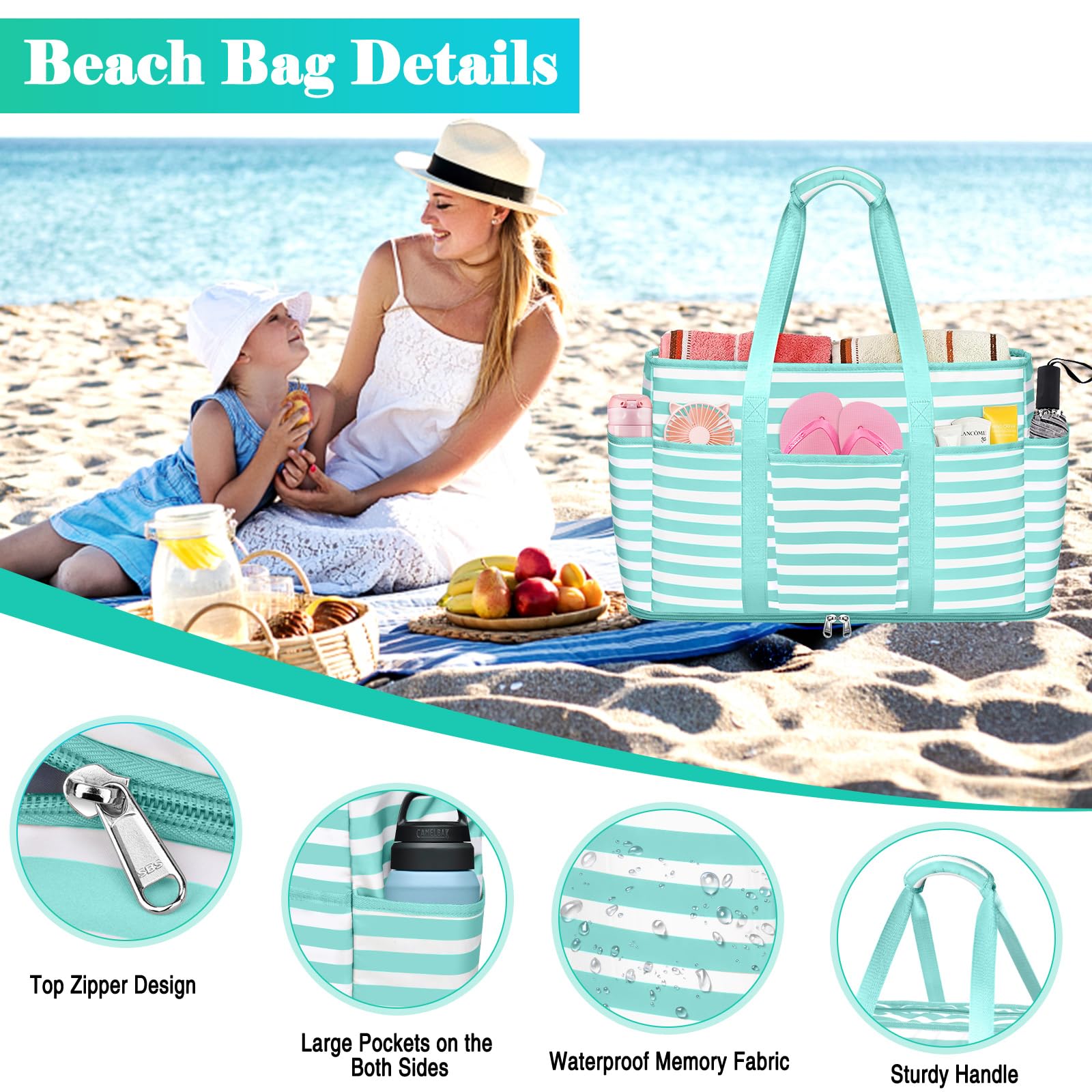 Bolsa de Playa Grande XXL Familiar con Cremallera - Bolso Shopper de Malla para Mujer - Tote de Hombro para Viaje, Compras, Gimnasio - 50x20x35cm