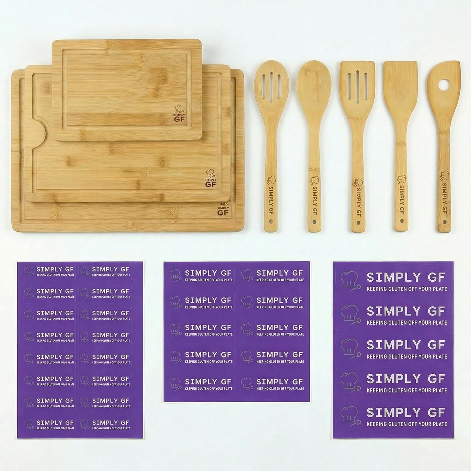 8-Piece Bamboo Cutting Board & Utensil Set with 29-Piece Gluten-Free Food Storage Labels – Dedicated Gluten-Free Kitchen Tools & Container Labels for Mixed-Diet Households